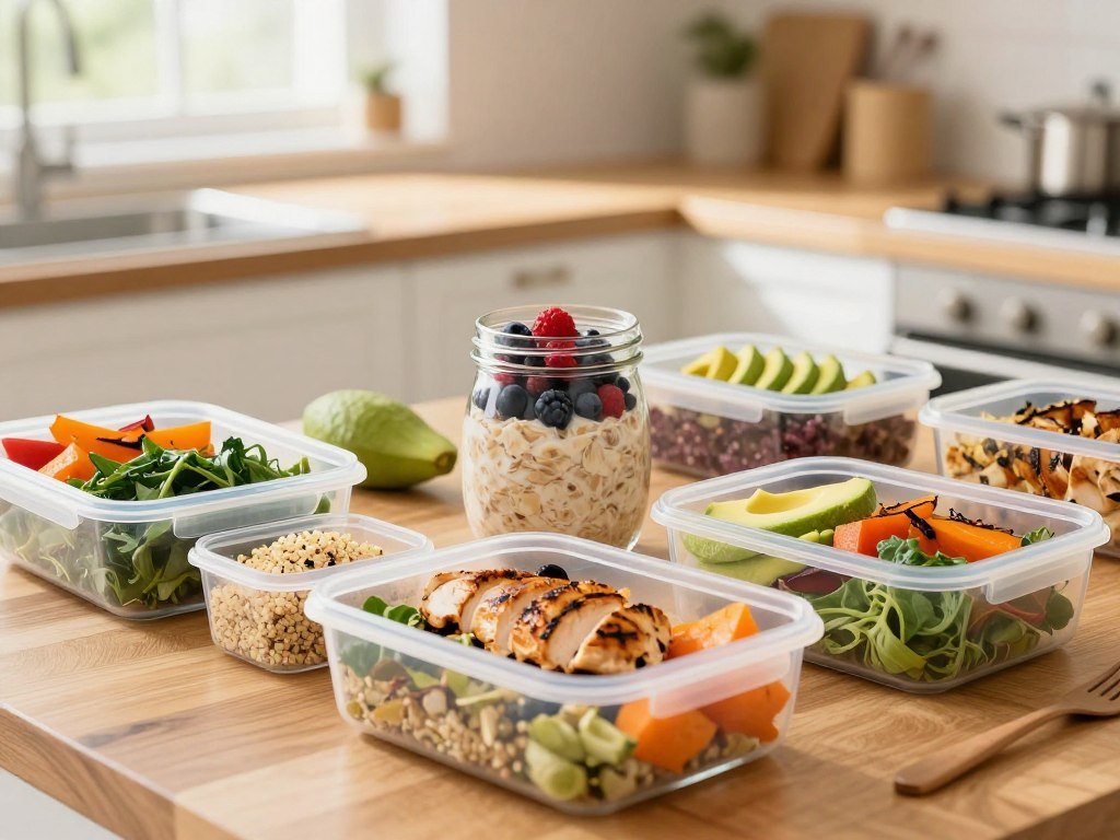 A beautifully organized healthy meal prep scene, featuring a wooden kitchen countertop filled with colorful containers of fresh ingredients. In the foreground, there are vibrant, neatly portioned meals with grilled chicken, quinoa, roasted vegetables, and leafy greens, all arranged in transparent meal prep containers. In the middle, a stylish glass jar filled with overnight oats topped with berries and a side of avocado slices. The background shows a well-lit kitchen with natural light streaming through a window, giving a warm and inviting atmosphere. The colors are bright and appetizing, promoting a feeling of health and wellness. Capture this scene with a soft-focus lens to enhance the warmth and appeal of the meal prep setup. A beautifully organized healthy meal prep scene, featuring a wooden kitchen countertop filled with colorful containers of fresh ingredients. In the foreground, there are vibrant, neatly portioned meals with grilled chicken, quinoa, roasted vegetables, and leafy greens, all arranged in transparent meal prep containers. In the middle, a stylish glass jar filled with overnight oats topped with berries and a side of avocado slices. The background shows a well-lit kitchen with natural light streaming through a window, giving a warm and inviting atmosphere. The colors are bright and appetizing, promoting a feeling of health and wellness. Capture this scene with a soft-focus lens to enhance the warmth and appeal of the meal prep setup.