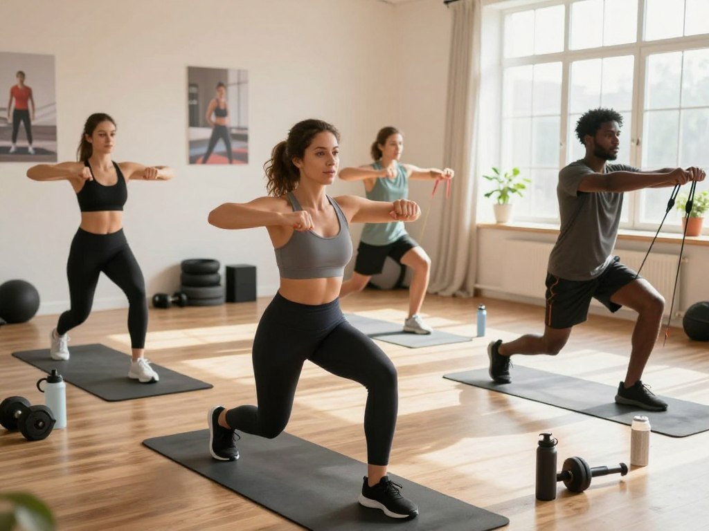 A bright, inviting home gym setting featuring a diverse group of individuals engaged in a workout session aimed at weight loss. In the foreground, a woman in modest athletic wear demonstrates a high-intensity exercise, showcasing determination and strength. To her right, a man performs bodyweight exercises, while another individual uses resistance bands. The middle ground displays exercise mats, weights, and water bottles, creating an active atmosphere. In the background, a well-lit room includes motivational fitness posters and plants, enhancing the ambiance. Soft natural light streams in through a window, casting a warm glow over the scene, emphasizing a sense of empowerment and community. The overall mood is energetic and encouraging, representing the journey to overcome fitness plateaus.
