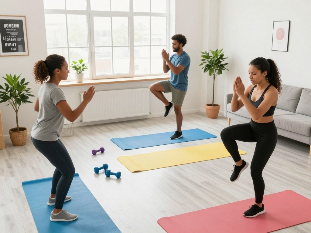 A bright living room setting designed for home workouts, showcasing a variety of cardio-focused exercises. In the foreground, a diverse group of three individuals in modest activewear, engaging in high-intensity interval training: one is doing jumping jacks, another is performing high knees, and the third is stretching. The middle ground features colorful exercise mats and dumbbells scattered around, while a large window in the background lets in ample natural light, creating an energetic and motivating atmosphere. Include potted plants and motivational posters on the walls to enhance the fitness vibe. Capture the scene from a slightly elevated angle to provide depth and dynamism, with vibrant colors to evoke positivity and determination.