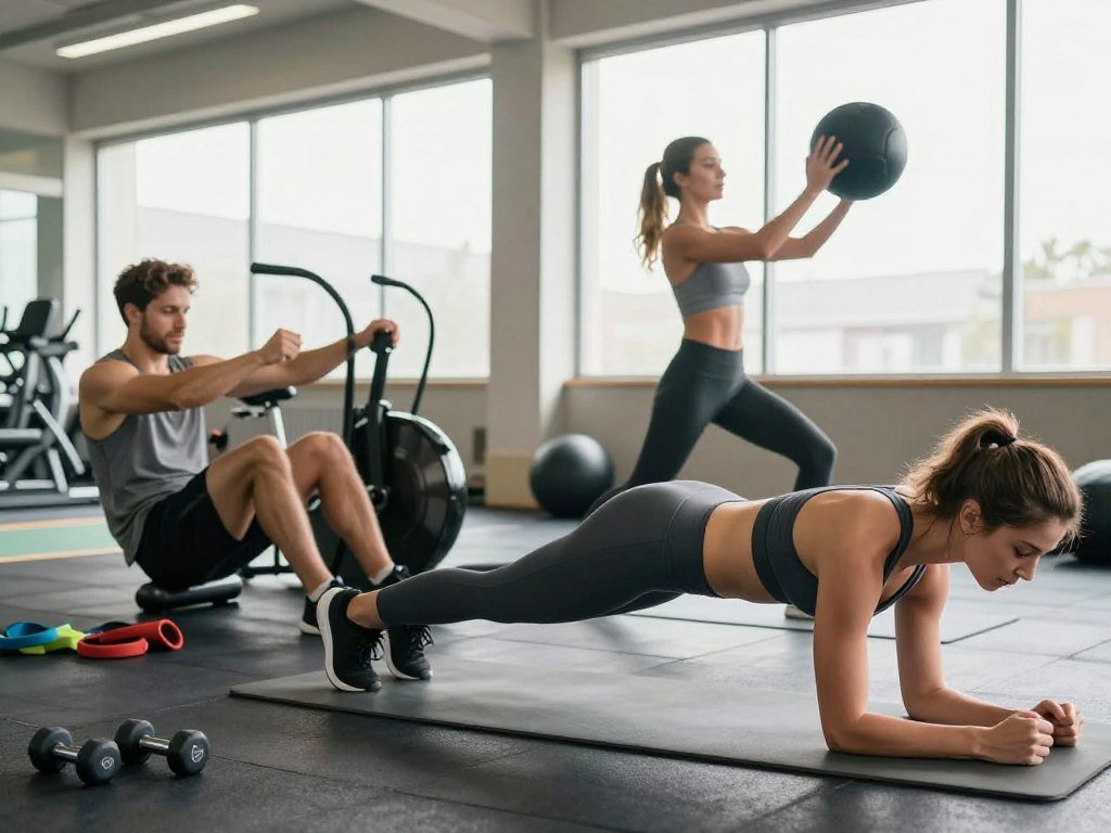 A brightly lit gym environment, showcasing a diverse group of three people engaging in effective exercises to target belly fat. In the foreground, a woman performs a plank on a yoga mat, her focus evident as she maintains proper form, wearing comfortable workout attire. To her left, a man is executing bicycle crunches, showing determination and strength, while another individual, a fit woman, is demonstrating a twisting torso move with a medicine ball in hand. The middle ground features fitness equipment like dumbbells and resistance bands. In the background, large windows allow natural light to flood the space, illuminating the vibrant atmosphere of the gym, encouraging a sense of energy and motivation. The scene is dynamic and inspiring, perfect for promoting fitness and healthy living. A brightly lit gym environment, showcasing a diverse group of three people engaging in effective exercises to target belly fat. In the foreground, a woman performs a plank on a yoga mat, her focus evident as she maintains proper form, wearing comfortable workout attire. To her left, a man is executing bicycle crunches, showing determination and strength, while another individual, a fit woman, is demonstrating a twisting torso move with a medicine ball in hand. The middle ground features fitness equipment like dumbbells and resistance bands. In the background, large windows allow natural light to flood the space, illuminating the vibrant atmosphere of the gym, encouraging a sense of energy and motivation. The scene is dynamic and inspiring, perfect for promoting fitness and healthy living.