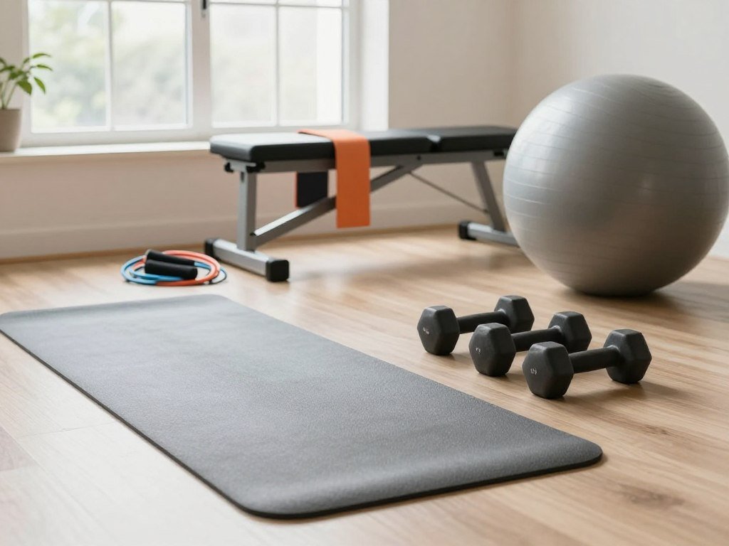 A cozy and bright home gym setup featuring essential workout equipment for weight loss. In the foreground, display a neatly arranged yoga mat, a set of dumbbells, and a stability ball. In the middle ground, include a sturdy resistance band draped over an exercise bench, and a jump rope coiled nearby. The background should feature a large window letting in natural light, enhancing the inviting and motivational atmosphere. Use a soft, warm color palette to emphasize a sense of comfort and determination. The scene is captured from an eye-level angle, highlighting the organized layout of the equipment while conveying a feeling of readiness for an effective workout session.
