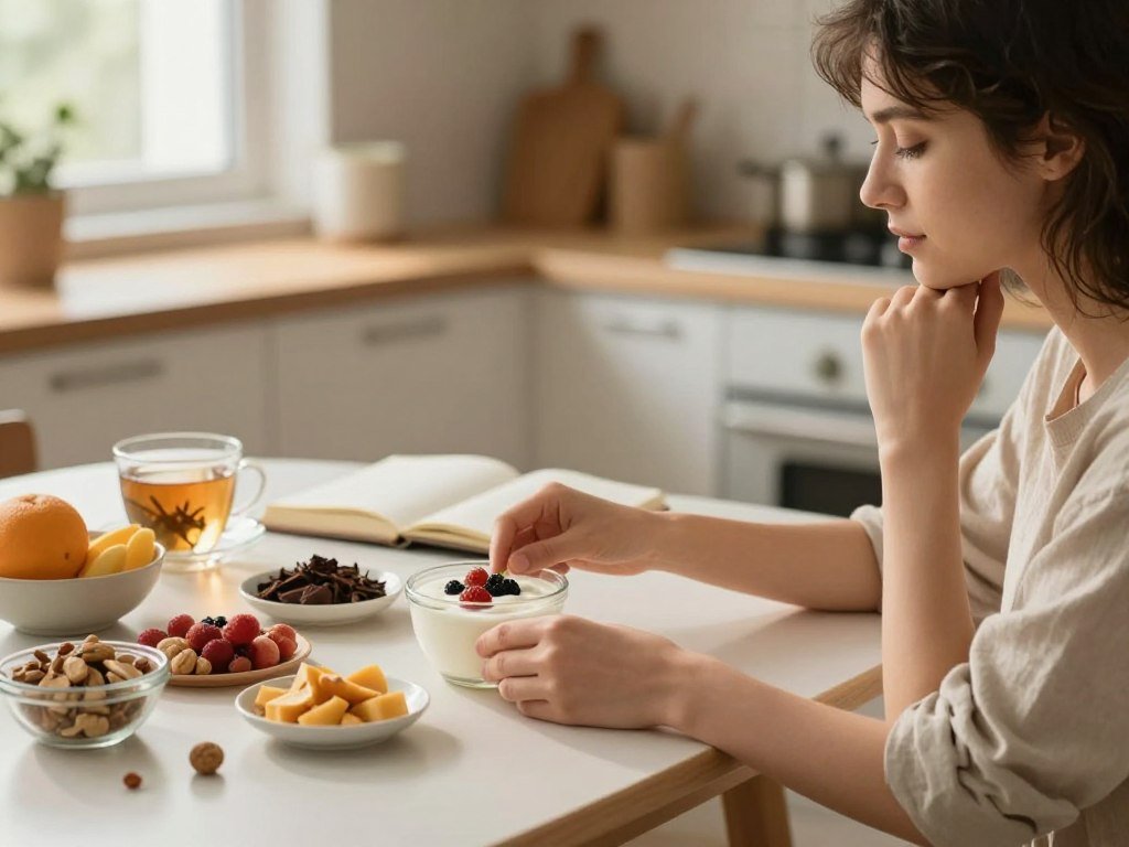 A cozy, softly-lit kitchen setting in the foreground, showcasing a person in modest casual clothing thoughtfully engaging with a colorful array of healthy snacks like fruits, nuts, and yogurt. Their facial expression reflects contemplation and serenity, as they consciously choose nutritious options instead of reaching for junk food. The middle section features a well-organized table adorned with a journal and a calming herbal tea, symbolizing mindfulness and self-reflection. In the background, warm light filters through a window, casting gentle shadows and enhancing the inviting atmosphere. The overall mood conveys a sense of empowerment and emotional resilience, showcasing healthy coping mechanisms in a nurturing environment. The scene is captured with a shallow depth of field, focusing on the individual while softly blurring the background for a serene effect. A cozy, softly-lit kitchen setting in the foreground, showcasing a person in modest casual clothing thoughtfully engaging with a colorful array of healthy snacks like fruits, nuts, and yogurt. Their facial expression reflects contemplation and serenity, as they consciously choose nutritious options instead of reaching for junk food. The middle section features a well-organized table adorned with a journal and a calming herbal tea, symbolizing mindfulness and self-reflection. In the background, warm light filters through a window, casting gentle shadows and enhancing the inviting atmosphere. The overall mood conveys a sense of empowerment and emotional resilience, showcasing healthy coping mechanisms in a nurturing environment. The scene is captured with a shallow depth of field, focusing on the individual while softly blurring the background for a serene effect.