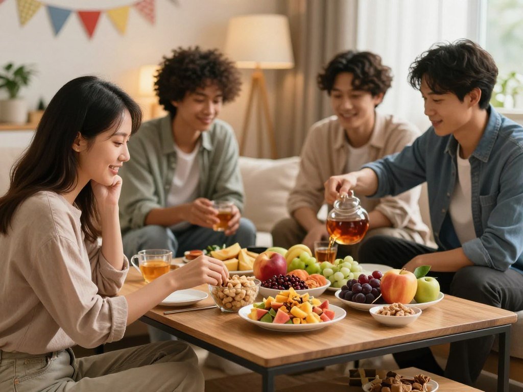 A cozy, warmly-lit living room scene showcasing a diverse group of four friends gathered around a coffee table during a social gathering. In the foreground, a woman in modest casual attire is thoughtfully choosing a snack from an array of healthy options, such as fresh fruits and nuts, while a man in a smart casual outfit pours tea. In the middle, the table is filled with vibrant, colorful dishes that promote healthy eating, alongside a few indulgent treats subtly placed at the side. In the background, a soft-focus view of cheerful decorations and ambient lighting sets a welcoming atmosphere. The overall mood is supportive and positive, capturing the essence of enjoying social interactions while mindfully managing emotional eating in a relaxed, friendly environment. A cozy, warmly-lit living room scene showcasing a diverse group of four friends gathered around a coffee table during a social gathering. In the foreground, a woman in modest casual attire is thoughtfully choosing a snack from an array of healthy options, such as fresh fruits and nuts, while a man in a smart casual outfit pours tea. In the middle, the table is filled with vibrant, colorful dishes that promote healthy eating, alongside a few indulgent treats subtly placed at the side. In the background, a soft-focus view of cheerful decorations and ambient lighting sets a welcoming atmosphere. The overall mood is supportive and positive, capturing the essence of enjoying social interactions while mindfully managing emotional eating in a relaxed, friendly environment.