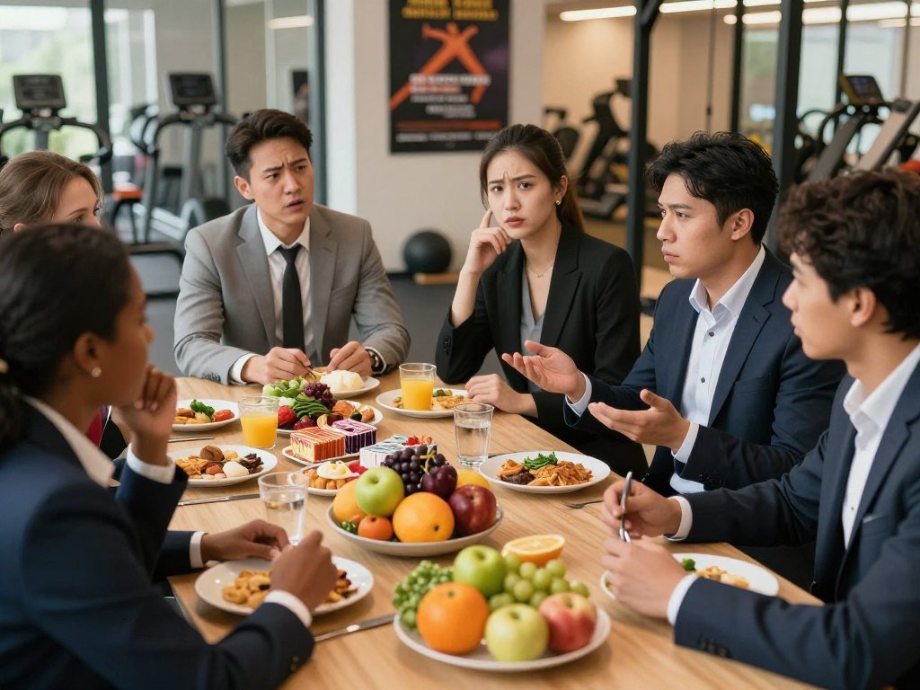 A dynamic fitness scene illustrating common pitfalls in losing belly fat. In the foreground, a diverse group of individuals dressed in professional business attire, engaged in discussions about healthy lifestyle choices, with expressions of concern and determination. In the middle ground, an array of unhealthy food choices like sugary snacks and processed meals, placed on a table, contrasting with fresh fruits and vegetables, symbolizing temptations. The background features a softly lit gym environment, with motivational posters promoting healthy habits. Use warm, natural lighting to create an inviting atmosphere, emphasizing the struggle and determination associated with weight loss. The angle should be a slight top-down view to encapsulate both the discussions and the food choices, enhancing the visual narrative of this fitness journey. A dynamic fitness scene illustrating common pitfalls in losing belly fat. In the foreground, a diverse group of individuals dressed in professional business attire, engaged in discussions about healthy lifestyle choices, with expressions of concern and determination. In the middle ground, an array of unhealthy food choices like sugary snacks and processed meals, placed on a table, contrasting with fresh fruits and vegetables, symbolizing temptations. The background features a softly lit gym environment, with motivational posters promoting healthy habits. Use warm, natural lighting to create an inviting atmosphere, emphasizing the struggle and determination associated with weight loss. The angle should be a slight top-down view to encapsulate both the discussions and the food choices, enhancing the visual narrative of this fitness journey.