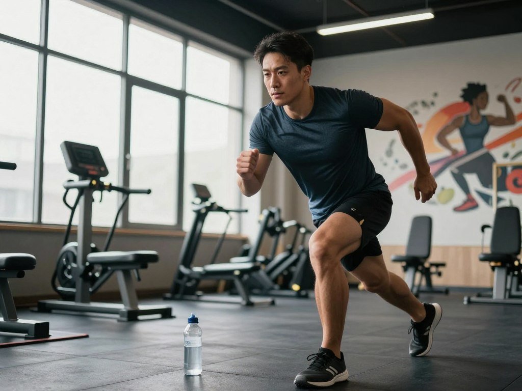 A fit individual in athletic clothing performing a dynamic exercise, such as running or lifting weights, in a spacious gym environment, illuminated by soft, natural light streaming in from large windows. In the foreground, focus on the athlete's determined expression, showcasing the energy and vitality associated with intermittent fasting. The middle ground features fitness equipment and a water bottle, symbolizing hydration and performance improvement. In the background, a motivational wall mural related to exercise and nutrition enhances the atmosphere. The mood is energetic and inspiring, emphasizing the synergy between intermittent fasting and exercise performance, captured from a slightly low angle to amplify the sense of action and motivation. A fit individual in athletic clothing performing a dynamic exercise, such as running or lifting weights, in a spacious gym environment, illuminated by soft, natural light streaming in from large windows. In the foreground, focus on the athlete's determined expression, showcasing the energy and vitality associated with intermittent fasting. The middle ground features fitness equipment and a water bottle, symbolizing hydration and performance improvement. In the background, a motivational wall mural related to exercise and nutrition enhances the atmosphere. The mood is energetic and inspiring, emphasizing the synergy between intermittent fasting and exercise performance, captured from a slightly low angle to amplify the sense of action and motivation.