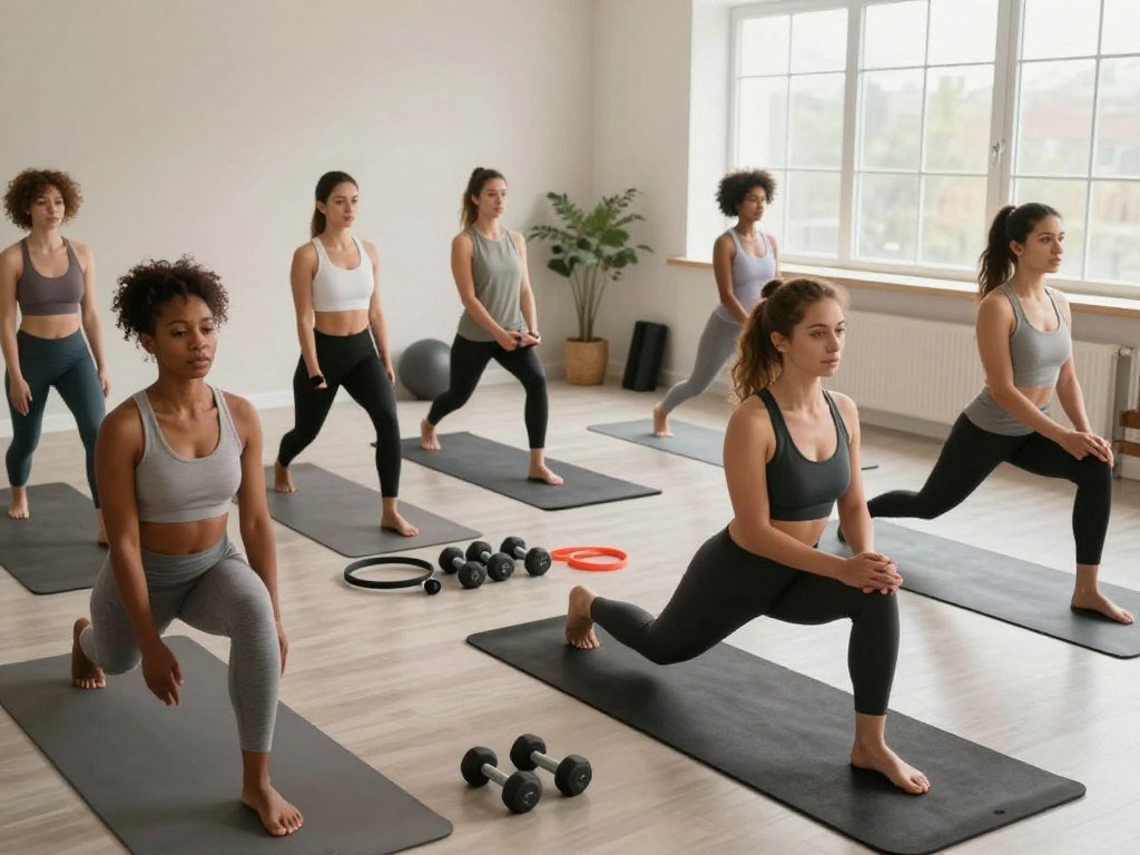 A modern, well-lit home gym setup illustrating a home workout environment focused on weight loss. In the foreground, a diverse group of individuals dressed in modest athletic wear are engaging in various exercises like yoga, strength training, and HIIT. They exhibit concentration and determination, showcasing the values of consistency and commitment. The middle ground features equipment like dumbbells, mats, and resistance bands neatly arranged, promoting an organized workout space. In the background, large windows allow soft, natural light to filter in, adding warmth to the scene, emphasizing health and vitality. The atmosphere is motivational and encouraging, reflecting a community dedicated to achieving fitness goals together. The lens capture provides a slightly angled view for dynamic perspective.