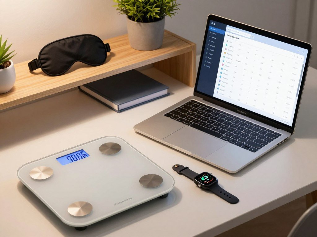 A modern workspace showcasing technology and tools for tracking sleep and weight progress. In the foreground, a sleek digital weight scale displays an illuminated screen with weight data, next to a stylish smartwatch showing sleep tracking metrics. In the middle, a high-quality laptop is open, revealing an app interface designed for monitoring weight and sleep patterns. The background features a well-organized shelf with a sleep mask, fitness journal, and a potted plant for a touch of nature. Soft, warm lighting creates a cozy atmosphere, while a slight overhead angle highlights the arrangement of tools. The mood is one of motivation and wellness, embodying a tech-savvy approach to personal health.