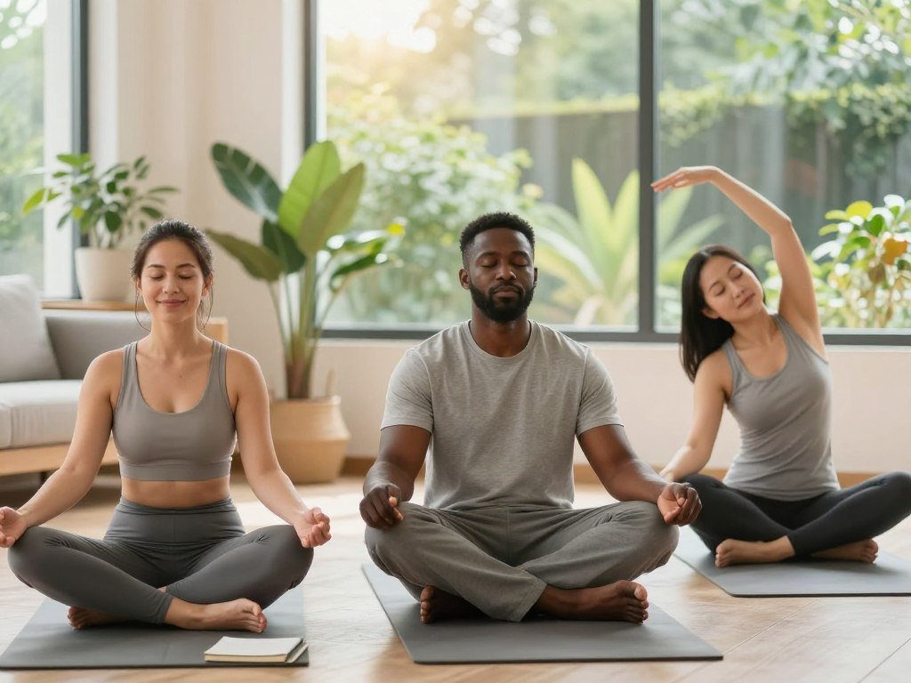 A serene and inviting scene depicting self-compassion and healthy weight loss. In the foreground, a diverse group of three individuals practicing mindfulness: a woman of Hispanic descent sitting cross-legged, smiling gently with a journal nearby; a Black man meditating with his eyes closed, radiating calmness; and an Asian woman stretching gracefully. The middle ground features a sunlit room with plants and soft, natural décor, enhancing the atmosphere of tranquility and self-care. In the background, large windows reveal a beautiful garden, with gentle sunlight streaming in, fostering a warm and uplifting mood. Use soft, diffused lighting to create an inviting and peaceful ambiance, capturing the essence of self-compassion in a professional and respectful manner. A serene and inviting scene depicting self-compassion and healthy weight loss. In the foreground, a diverse group of three individuals practicing mindfulness: a woman of Hispanic descent sitting cross-legged, smiling gently with a journal nearby; a Black man meditating with his eyes closed, radiating calmness; and an Asian woman stretching gracefully. The middle ground features a sunlit room with plants and soft, natural décor, enhancing the atmosphere of tranquility and self-care. In the background, large windows reveal a beautiful garden, with gentle sunlight streaming in, fostering a warm and uplifting mood. Use soft, diffused lighting to create an inviting and peaceful ambiance, capturing the essence of self-compassion in a professional and respectful manner.