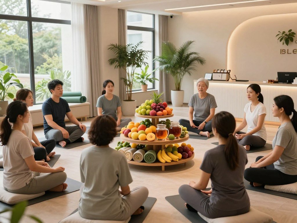 A serene and inviting wellness center interior, emphasizing the holistic approach to weight wellness. In the foreground, a diverse group of professionally dressed individuals engaged in a calm discussion around a circular table, surrounded by natural light from large windows. In the middle, a vibrant display of fresh fruits, herbal tea, and yoga mats shows a focus on nutrition and physical activity. The background features calming elements like indoor plants and soothing wall colors, enhancing a peaceful atmosphere. Soft, diffused lighting creates a warm, welcoming environment, conveying a sense of well-being and balance. The scene captures the essence of self-care and the integral relationship between sleep and weight wellness.