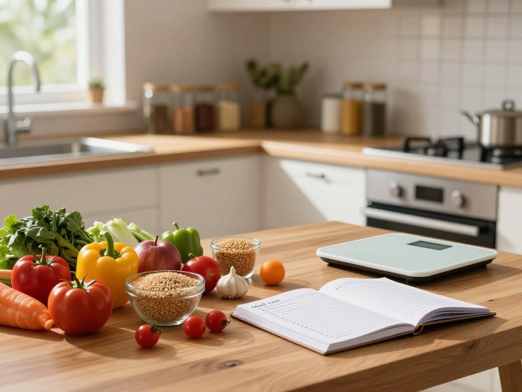 A serene and organized kitchen workspace, with a wooden table in the foreground laid out with colorful fresh vegetables, whole grains, and lean proteins, symbolizing healthy meal options for weight loss. A meal planner notebook is open beside a digital scale displaying numbers, reflecting the theme of setting realistic goals and caloric needs. In the middle ground, a well-lit kitchen features modern appliances and jars of spices neatly arranged, creating a welcoming atmosphere. Sunlight streams in through a window, casting a warm glow over the scene. In the background, soft greenery visible outside adds a touch of tranquility. The mood is motivational and empowering, suggesting a positive approach to meal planning. A serene and organized kitchen workspace, with a wooden table in the foreground laid out with colorful fresh vegetables, whole grains, and lean proteins, symbolizing healthy meal options for weight loss. A meal planner notebook is open beside a digital scale displaying numbers, reflecting the theme of setting realistic goals and caloric needs. In the middle ground, a well-lit kitchen features modern appliances and jars of spices neatly arranged, creating a welcoming atmosphere. Sunlight streams in through a window, casting a warm glow over the scene. In the background, soft greenery visible outside adds a touch of tranquility. The mood is motivational and empowering, suggesting a positive approach to meal planning.