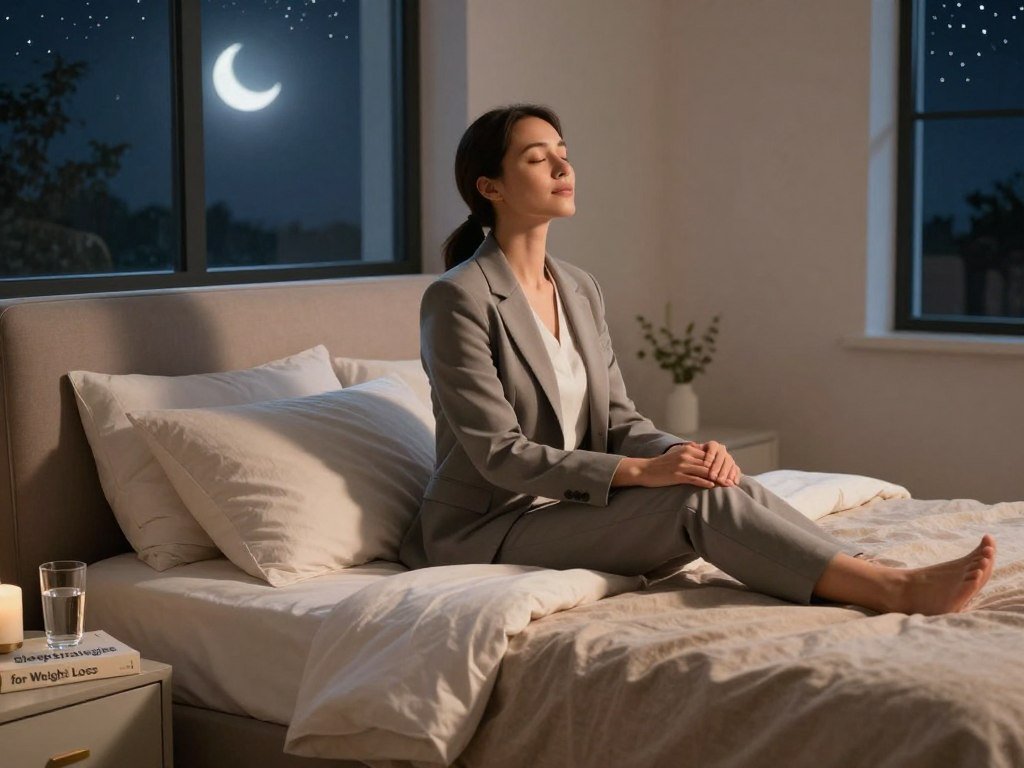 A serene and well-lit bedroom setting at night, featuring a stylish, cozy bed made with soft, neutral-colored linens. In the foreground, a bedside table holds a glass of water and a book titled "Sleep Strategies for Weight Loss". In the middle, a woman in professional business attire, sitting calmly on the edge of the bed, practices deep breathing with closed eyes, reflecting focus and tranquility. In the background, a window reveals a peaceful nighttime scene with a crescent moon and soft stars shining, enhancing a sense of relaxation. Soft, warm lighting casts gentle shadows, creating an inviting atmosphere. The overall mood conveys a harmonious blend of health, wellness, and the importance of sleep in weight management.