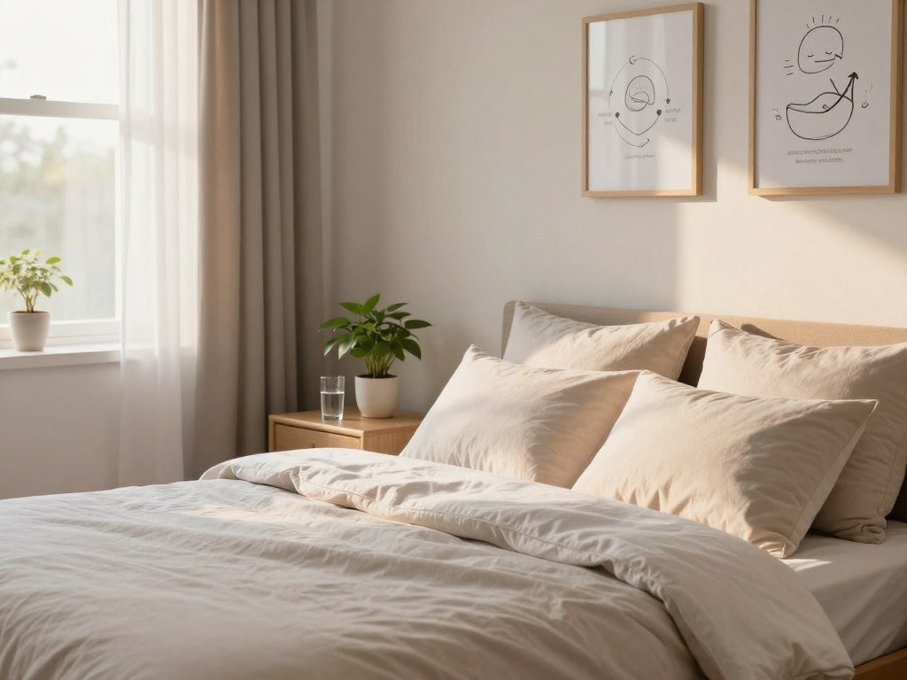 A serene bedroom environment showcasing healthy sleep habits. In the foreground, a cozy bed with soft, inviting bedding and plush pillows, arranged neatly. A nightstand holds a glass of water and a small indoor plant, symbolizing vitality. In the middle ground, a window reveals soft morning light filtering through sheer curtains, illuminating the room with a warm, golden hue. On the wall, subtle illustrations of sleep cycles and healthy habits are tastefully framed. The background features a calming décor with muted colors, creating a tranquil atmosphere. The overall mood is peaceful and restorative, encouraging the viewer to embrace healthy sleep. Use a bright, natural light setup, shot from a slightly elevated angle to capture the room's layout effectively.