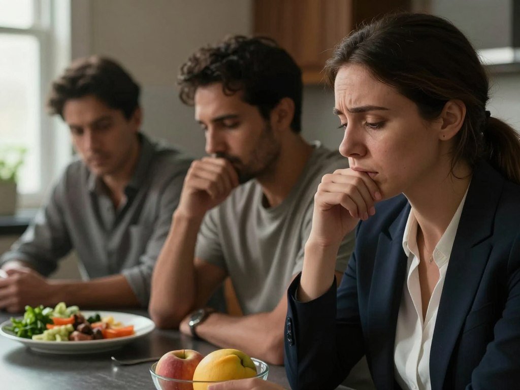 A serene, contemplative scene depicting a diverse group of three individuals, each showcasing different emotions related to emotional eating in the context of weight loss. In the foreground, a woman in professional attire gently holds a bowl of fruit, her expression thoughtful yet conflicted. The middle ground features a man in modest casual clothing, looking intently at a plate of healthy food, symbolizing self-control. In the background, dimmed kitchen lighting creates a warm atmosphere, with soft shadows enhancing the emotional weight of the moment. The angle captures a close-up of the individuals, focusing on their expressions, while a soft glow from a window symbolizes hope and positive change. The overall mood is introspective yet hopeful, highlighting the journey of managing emotional eating and weight loss. A serene, contemplative scene depicting a diverse group of three individuals, each showcasing different emotions related to emotional eating in the context of weight loss. In the foreground, a woman in professional attire gently holds a bowl of fruit, her expression thoughtful yet conflicted. The middle ground features a man in modest casual clothing, looking intently at a plate of healthy food, symbolizing self-control. In the background, dimmed kitchen lighting creates a warm atmosphere, with soft shadows enhancing the emotional weight of the moment. The angle captures a close-up of the individuals, focusing on their expressions, while a soft glow from a window symbolizes hope and positive change. The overall mood is introspective yet hopeful, highlighting the journey of managing emotional eating and weight loss.