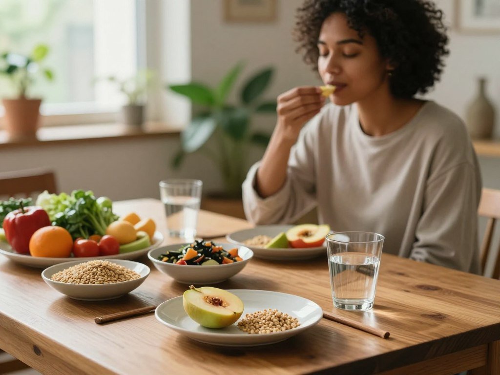 A serene dining table set in a cozy, sunlit room, with a diverse spread of colorful, wholesome foods—fresh fruits, vegetables, whole grains, and a glass of water, reflecting the concept of mindful eating. In the foreground, a thoughtfully arranged plate showcases a single piece of fruit and a small portion of grain, symbolizing moderation. In the middle ground, a person of diverse ethnicity, dressed in modest casual clothing, is seated with a calm demeanor, practicing mindful eating, gently savoring each bite with closed eyes. The background features soft-focus plants and natural light streaming through a window, creating a warm, inviting atmosphere. The composition should evoke a sense of tranquility, introspection, and the transformative power of mindful eating. Use soft, natural lighting to enhance the peaceful mood, shot from a slightly elevated angle to capture the scene. A serene dining table set in a cozy, sunlit room, with a diverse spread of colorful, wholesome foods—fresh fruits, vegetables, whole grains, and a glass of water, reflecting the concept of mindful eating. In the foreground, a thoughtfully arranged plate showcases a single piece of fruit and a small portion of grain, symbolizing moderation. In the middle ground, a person of diverse ethnicity, dressed in modest casual clothing, is seated with a calm demeanor, practicing mindful eating, gently savoring each bite with closed eyes. The background features soft-focus plants and natural light streaming through a window, creating a warm, inviting atmosphere. The composition should evoke a sense of tranquility, introspection, and the transformative power of mindful eating. Use soft, natural lighting to enhance the peaceful mood, shot from a slightly elevated angle to capture the scene.