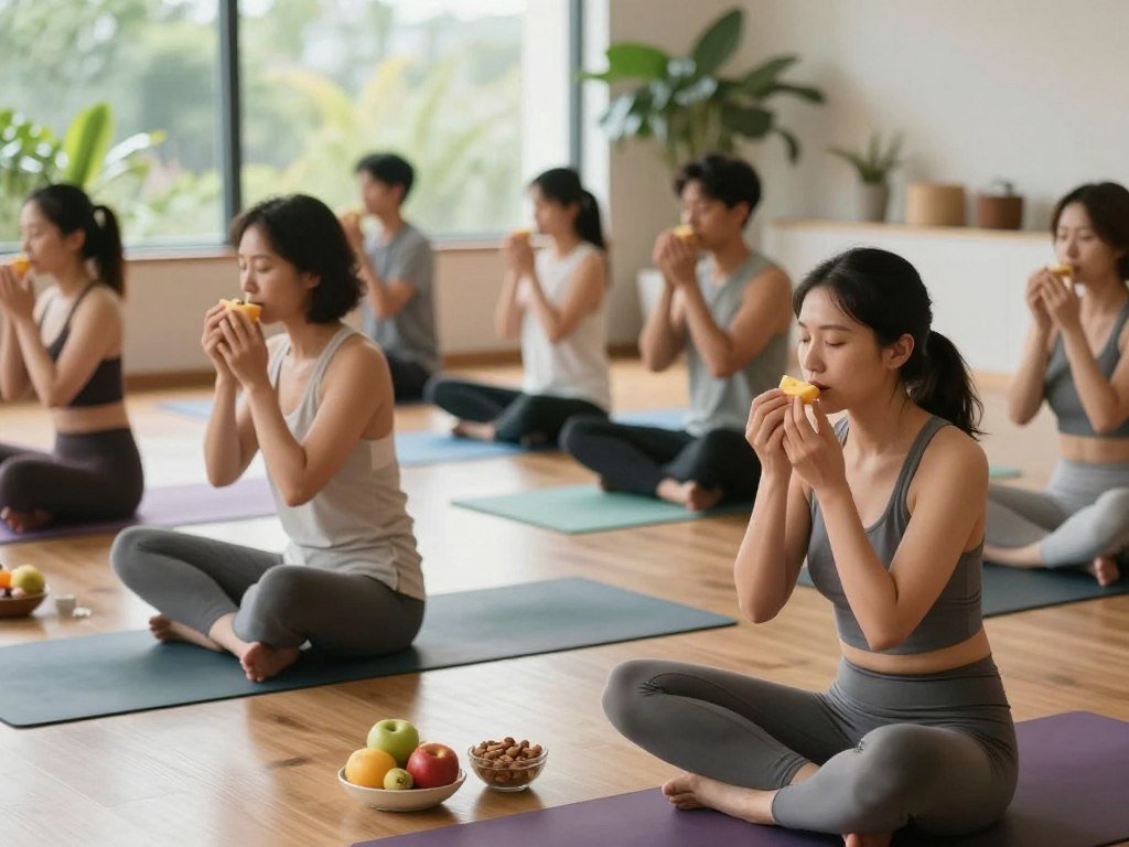 A serene indoor yoga studio filled with natural light, showcasing a diverse group of individuals practicing yoga in modest, casual attire. In the foreground, two practitioners are seated cross-legged on colorful yoga mats, engaging in mindful eating by savoring fresh fruits and nuts, emphasizing balance and intention. The middle ground features others in various yoga poses, deepening their connection to mindfulness and the act of nourishing their bodies. The background presents large windows with green plants and a calming view of nature, creating a harmonious atmosphere. Soft, warm lighting enhances the peaceful mood, while a slight blur effect on the background focuses attention on the mindful practices in the foreground, evoking a sense of tranquility and self-awareness.