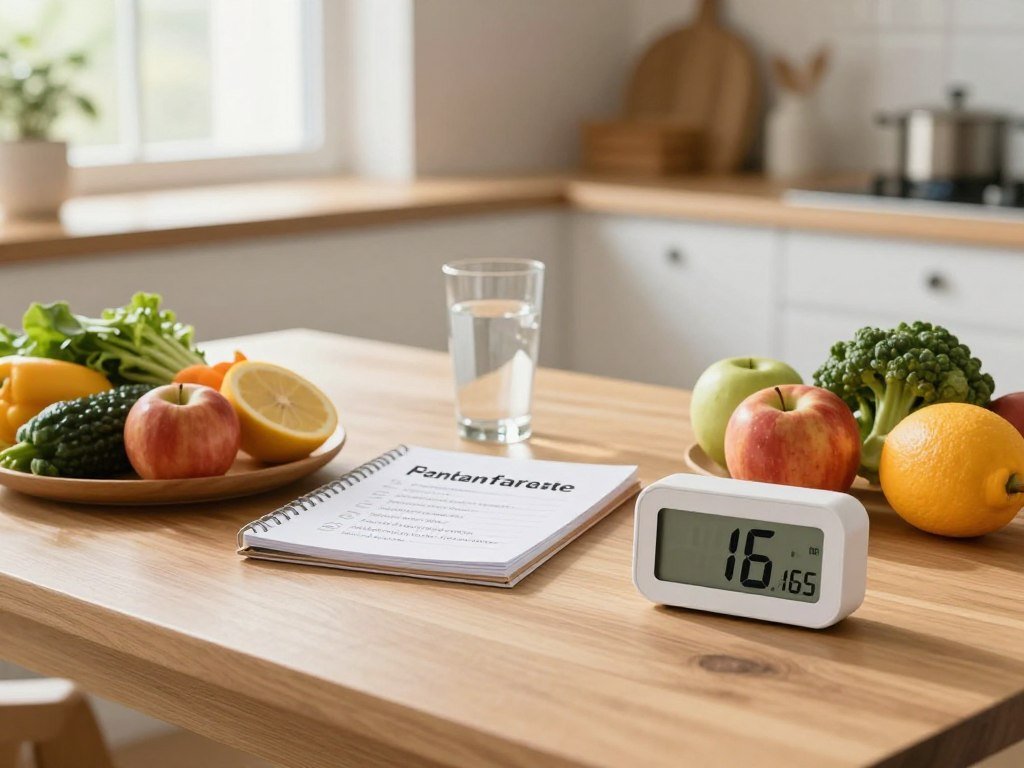A serene kitchen scene depicting a healthy lifestyle, featuring a clean wooden table with a selection of nutritious foods arranged for intermittent fasting: vibrant fruits, colorful vegetables, and a glass of water. In the foreground, a digital timer set to 16 hours, representing the fasting period, highlights the concept of time management. In the middle, a notepad with a simple step-by-step guide for beginners on how to start intermittent fasting. The background shows a sunlit window, with soft natural light illuminating the space, creating a warm and inviting atmosphere. The overall mood conveys motivation and a positive approach to health, ideal for encouraging readers embarking on their fasting journey. A serene kitchen scene depicting a healthy lifestyle, featuring a clean wooden table with a selection of nutritious foods arranged for intermittent fasting: vibrant fruits, colorful vegetables, and a glass of water. In the foreground, a digital timer set to 16 hours, representing the fasting period, highlights the concept of time management. In the middle, a notepad with a simple step-by-step guide for beginners on how to start intermittent fasting. The background shows a sunlit window, with soft natural light illuminating the space, creating a warm and inviting atmosphere. The overall mood conveys motivation and a positive approach to health, ideal for encouraging readers embarking on their fasting journey.