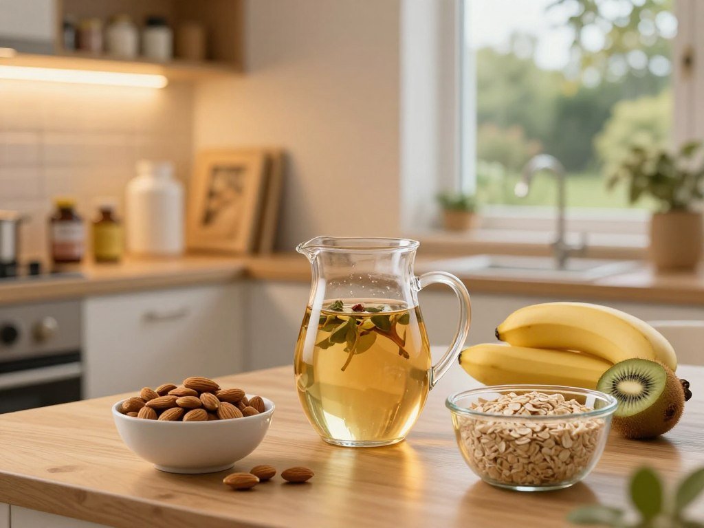 A serene kitchen scene focused on a well-organized table laden with nutritious foods that promote sleep and weight management. In the foreground, a bowl of almonds, a pitcher of infused herbal tea, bright fruits like bananas and kiwis, and a small pot of oatmeal are beautifully arranged. The middle ground features a cozy, softly lit atmosphere created by warm yellow lighting, showcasing shelves stocked with supplements and cookbooks about nutrition. In the background, there's a peaceful window view of a tranquil garden, subtly hinting at relaxation. The image captures a calm, supportive mood with a focus on health and wellness, highlighting the relationship between nutrition, sleep, and weight goals.