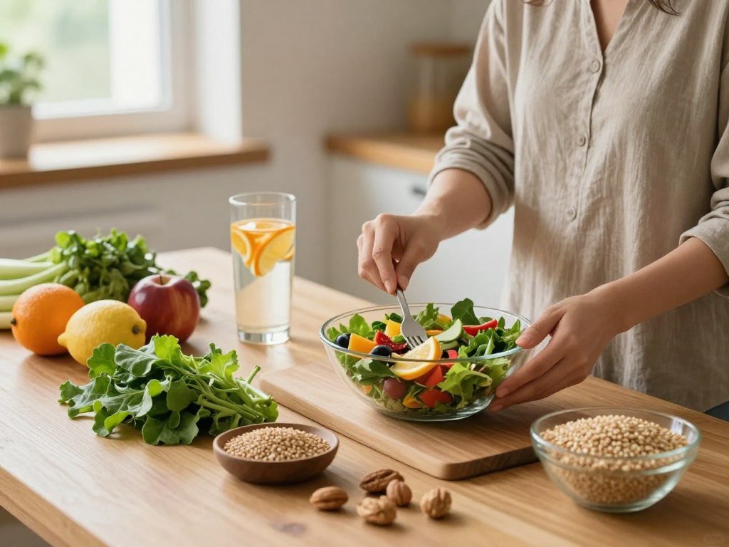 A serene kitchen setting, showcasing a wooden table filled with various healthy foods: vibrant fruits, leafy greens, whole grains, and nuts arranged artistically. In the foreground, a thoughtful individual in modest casual clothing is preparing a colorful salad with fresh ingredients, embodying the concept of mindful eating. The middle ground features a glass of infused water with citrus slices, symbolizing hydration and healthy choices. The background contains soft, natural light streaming through a window, creating a warm and inviting atmosphere. Emphasize a calm mood that conveys the idea of balance and awareness in food choices. The scene should capture the essence of nutrition and well-being without any text or distractions. A serene kitchen setting, showcasing a wooden table filled with various healthy foods: vibrant fruits, leafy greens, whole grains, and nuts arranged artistically. In the foreground, a thoughtful individual in modest casual clothing is preparing a colorful salad with fresh ingredients, embodying the concept of mindful eating. The middle ground features a glass of infused water with citrus slices, symbolizing hydration and healthy choices. The background contains soft, natural light streaming through a window, creating a warm and inviting atmosphere. Emphasize a calm mood that conveys the idea of balance and awareness in food choices. The scene should capture the essence of nutrition and well-being without any text or distractions.