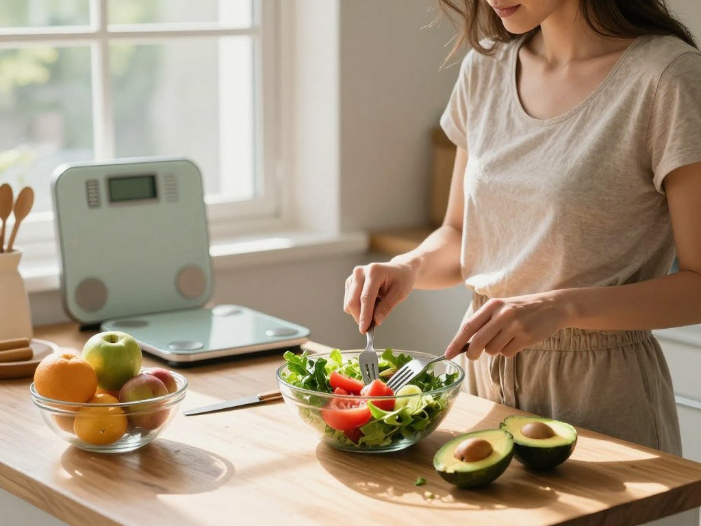A serene kitchen setting, softly lit by natural light streaming through a window, portrays a balanced approach to emotional eating and healthy weight loss. In the foreground, a woman in modest casual clothing thoughtfully prepares a colorful salad, featuring vibrant greens, ripe tomatoes, and sliced avocado. On the counter beside her, a bowl of mixed fruits symbolizes healthy snack options. In the background, a digital kitchen scale and measuring cups suggest careful tracking of portions, essential for stabilizing blood sugar. The atmosphere is calm and focused, with a gentle sunlight casting warm shadows, evoking a sense of mindfulness and intentionality in her choices. This scene captures the emotional connection to food within a nurturing and health-conscious environment. A serene kitchen setting, softly lit by natural light streaming through a window, portrays a balanced approach to emotional eating and healthy weight loss. In the foreground, a woman in modest casual clothing thoughtfully prepares a colorful salad, featuring vibrant greens, ripe tomatoes, and sliced avocado. On the counter beside her, a bowl of mixed fruits symbolizes healthy snack options. In the background, a digital kitchen scale and measuring cups suggest careful tracking of portions, essential for stabilizing blood sugar. The atmosphere is calm and focused, with a gentle sunlight casting warm shadows, evoking a sense of mindfulness and intentionality in her choices. This scene captures the emotional connection to food within a nurturing and health-conscious environment.