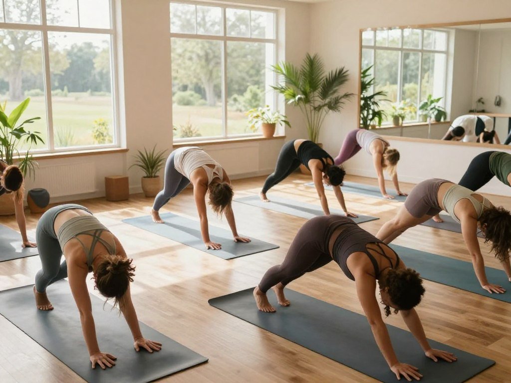 A serene yoga studio filled with natural light streaming through large windows, creating a warm and inviting atmosphere. In the foreground, a diverse group of individuals of varying body types and ethnicities are engaged in dynamic yoga poses, showcasing strength and fluid movement as they transition between flow sequences, emphasizing cardiovascular activity. The middle ground features yoga mats in soft, muted colors with calming plants scattered around, enhancing the peaceful environment. The background reveals a beautiful view of nature through the windows, further promoting tranquility. The overall mood conveys energy and vitality, with a focus on health and well-being. The scene should be captured from a slightly elevated angle, emphasizing the movement and connection of the participants in their practice.