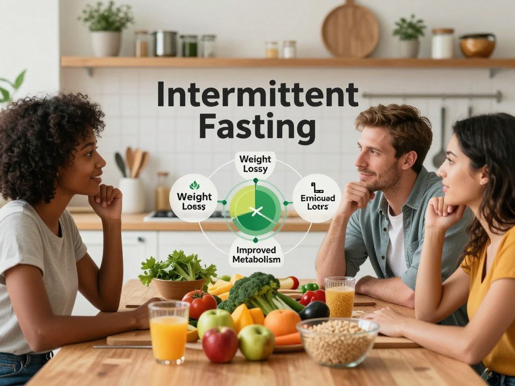 A vibrant and informative scene depicting the health benefits of Intermittent Fasting, featuring a diverse group of three people (a Black woman, a Caucasian man, and a Hispanic woman) dressed in modest casual clothing, sitting around a table adorned with healthy foods like fruits, vegetables, and whole grains. In the foreground, focus on them engaging in friendly discussion, highlighting their enthusiasm for healthy eating. In the middle, showcase a striking infographic illustrating key health benefits like weight loss, enhanced energy, and improved metabolism, blending seamlessly into the scene. The background should be a warm, inviting kitchen filled with natural light, emphasizing a wellness-focused atmosphere. Use soft, inviting lighting with a slightly blurred background for depth, capturing a sense of community and health. A vibrant and informative scene depicting the health benefits of Intermittent Fasting, featuring a diverse group of three people (a Black woman, a Caucasian man, and a Hispanic woman) dressed in modest casual clothing, sitting around a table adorned with healthy foods like fruits, vegetables, and whole grains. In the foreground, focus on them engaging in friendly discussion, highlighting their enthusiasm for healthy eating. In the middle, showcase a striking infographic illustrating key health benefits like weight loss, enhanced energy, and improved metabolism, blending seamlessly into the scene. The background should be a warm, inviting kitchen filled with natural light, emphasizing a wellness-focused atmosphere. Use soft, inviting lighting with a slightly blurred background for depth, capturing a sense of community and health.