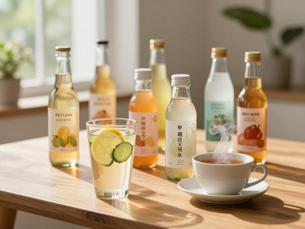 A vibrant and inviting display of beverages suitable for intermittent fasting, arranged on a clean, modern wooden table. In the foreground, a glass of refreshing infused water with slices of lemon and cucumber, accompanied by a steaming cup of herbal tea in sleek ceramic. In the middle, a variety of colorful bottles showcasing kombucha and electrolyte drinks with appealing, subtle labels. The background features soft-focus greenery, symbolizing health and vitality, with warm, natural sunlight filtering through a nearby window, casting gentle shadows. The overall atmosphere is calm and rejuvenating, encapsulating the essence of hydration and wellness during fasting. The composition encourages viewers to embrace healthy beverage choices. A vibrant and inviting display of beverages suitable for intermittent fasting, arranged on a clean, modern wooden table. In the foreground, a glass of refreshing infused water with slices of lemon and cucumber, accompanied by a steaming cup of herbal tea in sleek ceramic. In the middle, a variety of colorful bottles showcasing kombucha and electrolyte drinks with appealing, subtle labels. The background features soft-focus greenery, symbolizing health and vitality, with warm, natural sunlight filtering through a nearby window, casting gentle shadows. The overall atmosphere is calm and rejuvenating, encapsulating the essence of hydration and wellness during fasting. The composition encourages viewers to embrace healthy beverage choices.
