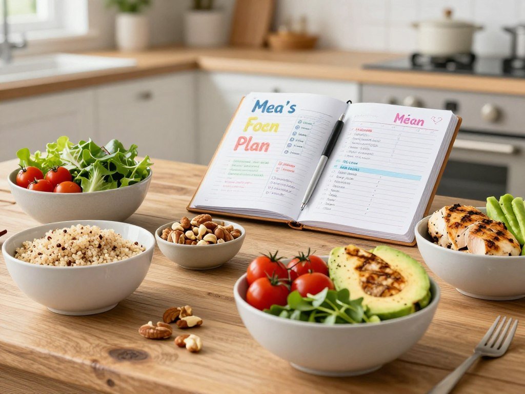 A vibrant clean eating meal plan spread across a rustic wooden table. In the foreground, there are neatly arranged bowls containing colorful, fresh ingredients: quinoa, leafy greens, cherry tomatoes, grilled chicken, avocado slices, and a variety of nuts. In the middle ground, a beautifully designed meal planner notebook with colorful, handwritten notes and a pen lays open, showcasing meal ideas and grocery lists. The background features a softly blurred kitchen with bright, natural light streaming in through a window, creating a warm and inviting atmosphere. The overall mood is one of health, organization, and positivity, emphasizing clean, nutritious eating. The image should be well-lit and shot at a slightly elevated angle to capture the entire meal setup, ensuring clarity and detail in the ingredients. A vibrant clean eating meal plan spread across a rustic wooden table. In the foreground, there are neatly arranged bowls containing colorful, fresh ingredients: quinoa, leafy greens, cherry tomatoes, grilled chicken, avocado slices, and a variety of nuts. In the middle ground, a beautifully designed meal planner notebook with colorful, handwritten notes and a pen lays open, showcasing meal ideas and grocery lists. The background features a softly blurred kitchen with bright, natural light streaming in through a window, creating a warm and inviting atmosphere. The overall mood is one of health, organization, and positivity, emphasizing clean, nutritious eating. The image should be well-lit and shot at a slightly elevated angle to capture the entire meal setup, ensuring clarity and detail in the ingredients.