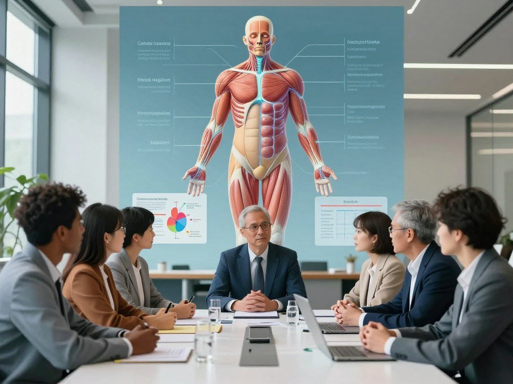 A visually captivating illustration of hormonal regulation and body composition. In the foreground, a diverse group of professionals in smart casual attire is engaged in discussion at a conference table, surrounded by charts and diagrams depicting hormones like cortisol, insulin, and leptin. The middle layer showcases a 3D graphic representation of human anatomy, highlighting fat and muscle distribution, with hormonal pathways illuminated. In the background, a serene office environment with large windows allowing soft, natural light to filter in, creating a thoughtful and informative atmosphere. The color palette is calming with blues and greens, evoking a sense of wellness and balance. The focus is on clarity and educational value, ensuring the image remains free from distractions.