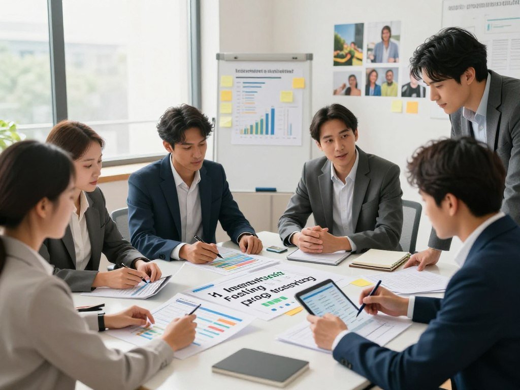 A visually engaging scene illustrating "Intermittent Fasting progress tracking." In the foreground, a diverse group of individuals dressed in professional business attire are gathered around a sleek, modern table. They are intently reviewing colorful charts and digital devices displaying progress metrics related to fasting. In the middle ground, a bright, well-organized workspace features sticky notes, a whiteboard labeled with graphs, and motivational images promoting healthy habits. The background includes large windows allowing natural light to flood the room, enhancing a feeling of positivity and focus. Soft, warm lighting creates an inviting atmosphere. The composition is shot from a slightly elevated angle, emphasizing collaboration and determination as the individuals engage in discussions about adjusting their routines for optimal health benefits.