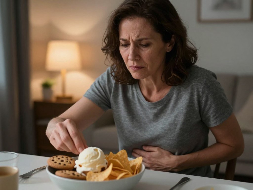 A visually impactful scene illustrating emotional eating as a factor in weight loss struggles, featuring a middle-aged woman sitting at a dining table, her expression reflecting stress and contemplation. In the foreground, a bowl overflowing with comfort foods like ice cream, cookies, and chips symbolizes emotional cravings. The middle layer captures the woman’s hands hesitantly reaching for the bowl, while her other hand rests on her abdomen, representing the internal conflict. In the background, soft lighting casts a warm, cozy yet slightly melancholic atmosphere, evoking feelings of solitude. The setting includes muted colors to emphasize the emotional weight, shot from a slightly elevated angle to provide perspective. The image should convey a sense of struggle, tension, and the link between stress and eating habits, without the inclusion of any text or distractions. A visually impactful scene illustrating emotional eating as a factor in weight loss struggles, featuring a middle-aged woman sitting at a dining table, her expression reflecting stress and contemplation. In the foreground, a bowl overflowing with comfort foods like ice cream, cookies, and chips symbolizes emotional cravings. The middle layer captures the woman’s hands hesitantly reaching for the bowl, while her other hand rests on her abdomen, representing the internal conflict. In the background, soft lighting casts a warm, cozy yet slightly melancholic atmosphere, evoking feelings of solitude. The setting includes muted colors to emphasize the emotional weight, shot from a slightly elevated angle to provide perspective. The image should convey a sense of struggle, tension, and the link between stress and eating habits, without the inclusion of any text or distractions.