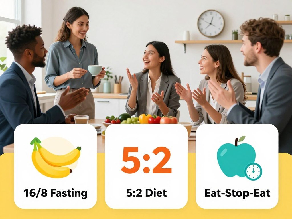 A visually striking infographic-style illustration showcasing popular intermittent fasting methods for weight loss. In the foreground, feature three distinct sections: 16/8 fasting, 5:2 diet, and Eat-Stop-Eat, each represented with vibrant icons or illustrations. The middle section should include a diverse group of individuals in professional attire, discussing the methods enthusiastically, set against a bright, energetic backdrop. In the background, a clean kitchen or workspace adds context, with subtle elements like a clock and healthy food items that symbolize meal timing and choices. Bright, natural lighting enhances the motivational and informative mood of the scene, presented in a lively, engaging composition that invites curiosity and encourages learning about intermittent fasting. A visually striking infographic-style illustration showcasing popular intermittent fasting methods for weight loss. In the foreground, feature three distinct sections: 16/8 fasting, 5:2 diet, and Eat-Stop-Eat, each represented with vibrant icons or illustrations. The middle section should include a diverse group of individuals in professional attire, discussing the methods enthusiastically, set against a bright, energetic backdrop. In the background, a clean kitchen or workspace adds context, with subtle elements like a clock and healthy food items that symbolize meal timing and choices. Bright, natural lighting enhances the motivational and informative mood of the scene, presented in a lively, engaging composition that invites curiosity and encourages learning about intermittent fasting.