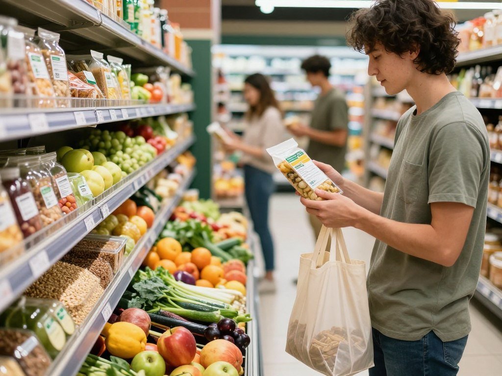A well-lit grocery store aisle filled with fresh produce and healthy food options. In the foreground, a focused individual in modest casual clothing, holding a reusable shopping bag, intently examining a nutrition label on a food package. The middle features colorful fruits, vegetables, and whole grains artfully arranged on shelves, creating an inviting atmosphere. In the background, a clean, organized shopping space with other shoppers in casual attire, happily engaged in selecting healthy items. Soft, natural lighting enhances the freshness of the produce, casting gentle shadows. The overall mood is positive and motivating, illustrating a successful and thoughtful approach to grocery shopping on a weight loss journey. A well-lit grocery store aisle filled with fresh produce and healthy food options. In the foreground, a focused individual in modest casual clothing, holding a reusable shopping bag, intently examining a nutrition label on a food package. The middle features colorful fruits, vegetables, and whole grains artfully arranged on shelves, creating an inviting atmosphere. In the background, a clean, organized shopping space with other shoppers in casual attire, happily engaged in selecting healthy items. Soft, natural lighting enhances the freshness of the produce, casting gentle shadows. The overall mood is positive and motivating, illustrating a successful and thoughtful approach to grocery shopping on a weight loss journey.