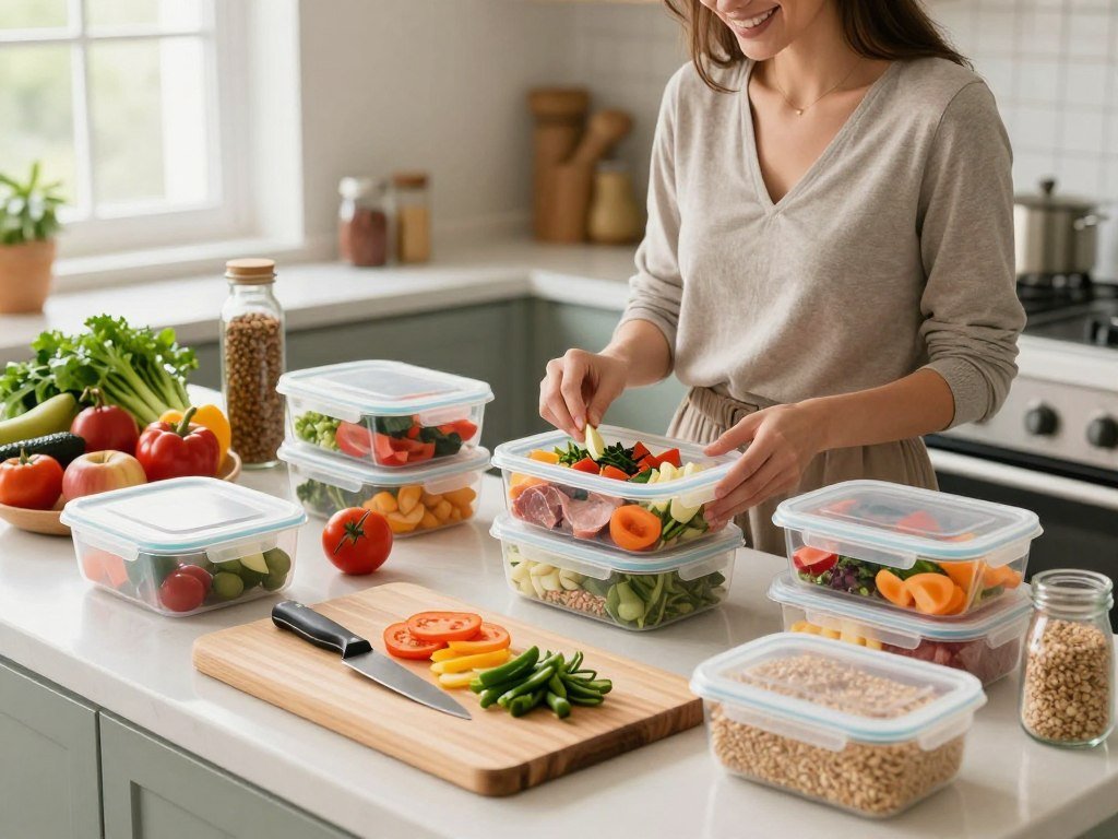 A well-organized kitchen counter set for meal prepping, featuring an array of healthy ingredients like colorful vegetables, lean proteins, and whole grains neatly arranged. The foreground showcases an inviting wooden cutting board with a sharp knife and some chopped veggies, while meal prep containers are filled with colorful portions of prepped meals made with healthy ingredients. In the middle, a cheerful individual in smart casual attire is engaging in meal prepping, smiling as they arrange ingredients into containers. The background shows neatly stacked spices and a bowl of fresh herbs, illuminated by soft, natural lighting coming from a nearby window, creating a warm and motivating atmosphere perfect for meal prep. The image conveys a sense of organization and positivity, promoting a successful weight loss journey. A well-organized kitchen counter set for meal prepping, featuring an array of healthy ingredients like colorful vegetables, lean proteins, and whole grains neatly arranged. The foreground showcases an inviting wooden cutting board with a sharp knife and some chopped veggies, while meal prep containers are filled with colorful portions of prepped meals made with healthy ingredients. In the middle, a cheerful individual in smart casual attire is engaging in meal prepping, smiling as they arrange ingredients into containers. The background shows neatly stacked spices and a bowl of fresh herbs, illuminated by soft, natural lighting coming from a nearby window, creating a warm and motivating atmosphere perfect for meal prep. The image conveys a sense of organization and positivity, promoting a successful weight loss journey.