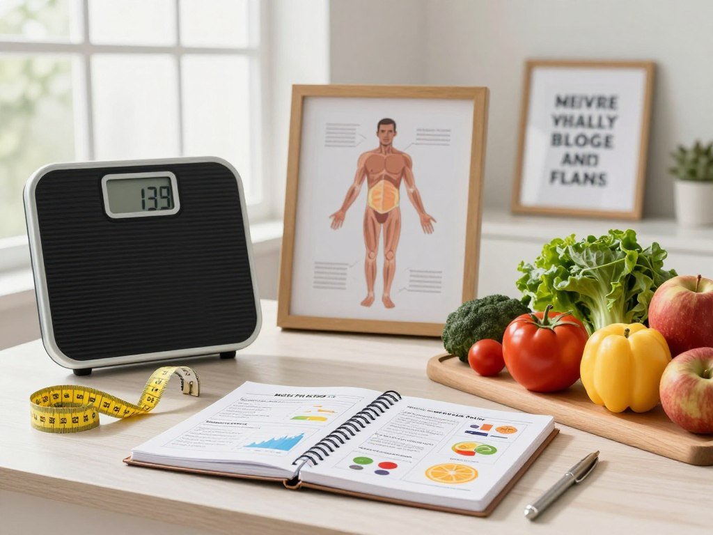 A well-organized workspace focused on weight loss, featuring a table with a professional-sized scale, measuring tape, and healthy food items like fresh vegetables and fruits in vibrant colors. In the foreground, a notebook is open with a detailed belly fat loss plan, showcasing graphs and illustrations of healthy habits. The middle frame includes anatomical illustrations of the human body highlighting the belly area, surrounded by motivational quotes framed neatly. The background is softly lit with a large window allowing natural light to illuminate the scene, giving a sense of clarity and optimism. The atmosphere is uplifting and informative, aimed at inspiring individuals on their journey to lose belly fat healthily and sustainably. A well-organized workspace focused on weight loss, featuring a table with a professional-sized scale, measuring tape, and healthy food items like fresh vegetables and fruits in vibrant colors. In the foreground, a notebook is open with a detailed belly fat loss plan, showcasing graphs and illustrations of healthy habits. The middle frame includes anatomical illustrations of the human body highlighting the belly area, surrounded by motivational quotes framed neatly. The background is softly lit with a large window allowing natural light to illuminate the scene, giving a sense of clarity and optimism. The atmosphere is uplifting and informative, aimed at inspiring individuals on their journey to lose belly fat healthily and sustainably.