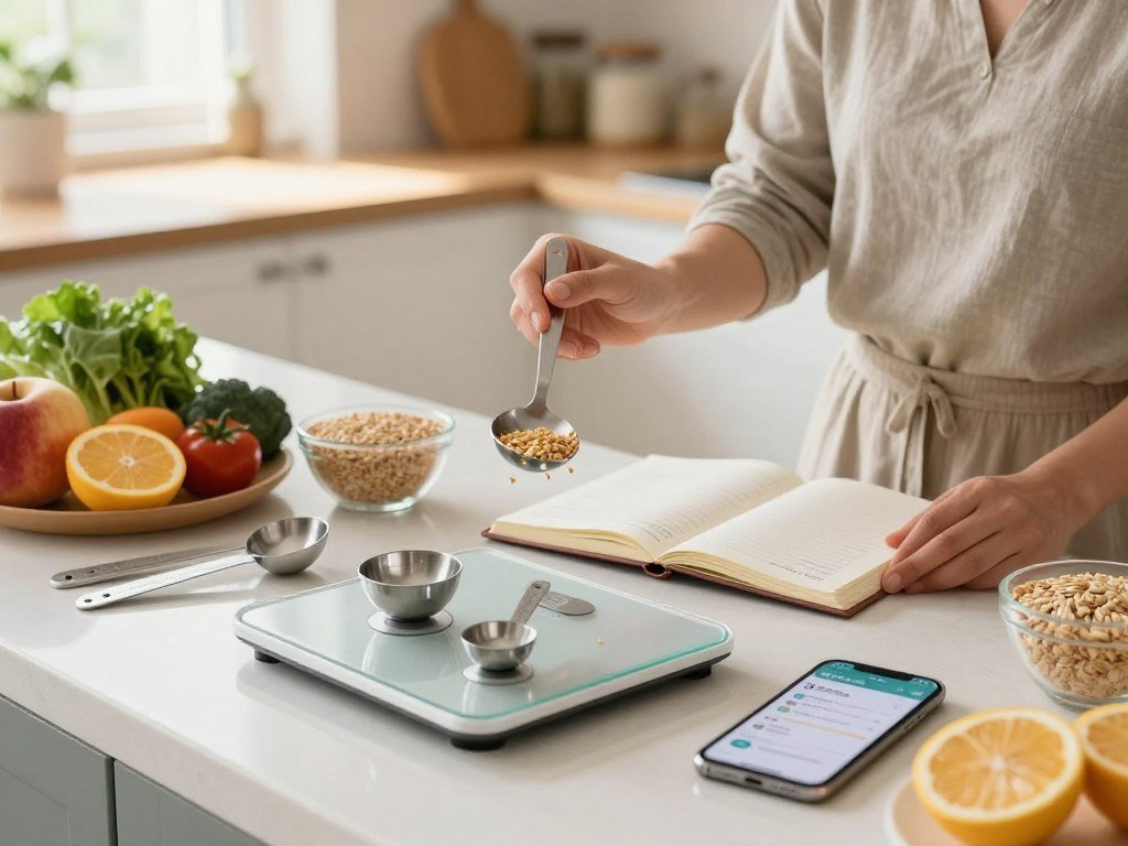 A bright, well-lit kitchen countertop is the focal point of the image, featuring a neatly arranged scale, measuring spoons, and a variety of healthy foods like fruits, vegetables, and whole grains. In the foreground, a person in a smart-casual outfit is carefully measuring food with a spoon, displaying a focused expression. The middle ground includes an open notebook filled with handwritten notes and a smartphone displaying a calorie counting app. In the background, a cozy kitchen setting is accented with soft natural light streaming through a window, creating a warm and inviting atmosphere. The overall mood conveys organization and diligence, illustrating the importance of accuracy and mindfulness in counting calories while avoiding common mistakes.