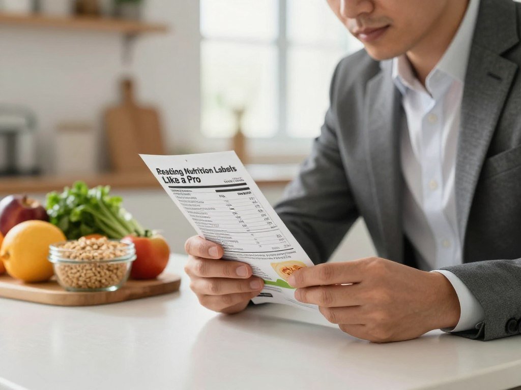 A close-up view of a professional-looking individual, dressed in modest business attire, intently reading a nutrition label on a packaged food item amidst a kitchen setting. The foreground features a brightly lit countertop, with the nutrition label clearly visible, emphasizing details like calories, fats, and nutrients. In the middle ground, a small selection of healthy foods – fruits, vegetables, and whole grains – is artfully arranged, showcasing variety. The background shows a well-organized kitchen with soft, natural light streaming through a window, creating a warm and inviting atmosphere. The focus should express a sense of determination and focus, enhancing the theme of "Reading Nutrition Labels Like a Pro." Use a subtle depth of field effect to keep the subject sharp while softly blurring the background.