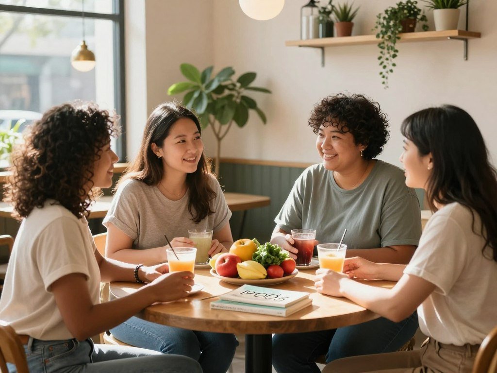 A cozy café setting filled with bright, natural light. In the foreground, a diverse group of three women of varying ethnicities, dressed in modest, casual clothing, share a light-hearted moment over healthy snacks and drinks. Their expressions convey support and camaraderie as they discuss their journeys with PCOS and weight loss. In the middle ground, a table adorned with colorful fruits, vegetables, and wellness books emphasizes a focus on healthy living. The background features soft greenery and warm decor, creating a welcoming atmosphere. Natural sunlight streams through large windows, casting gentle shadows and enhancing a sense of positivity and encouragement. The composition should evoke a feeling of community and empowerment, highlighting the importance of social situations and support systems in navigating weight loss challenges.