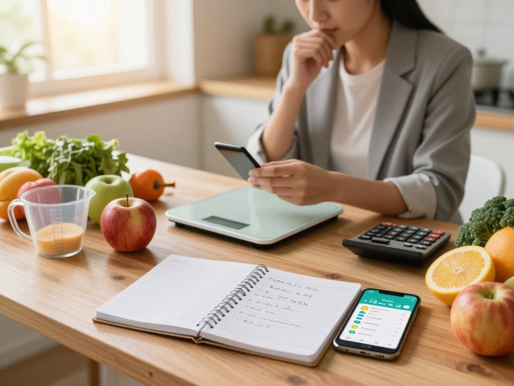 A cozy, well-lit kitchen setting, featuring a wooden table covered with a variety of colorful fruits, vegetables, and measuring cups. In the foreground, a notebook with handwritten notes and a smartphone displaying a calorie counting app, creating an inviting learning atmosphere. In the middle ground, a person in professional business attire, focused on calculating calories, with a thoughtful expression. They are surrounded by a small digital scale and a calculator, emphasizing the theme of calorie counting. The background showcases a bright window with sunshine pouring in, adding warmth and motivation. The mood is inspiring and educational, inviting beginners to engage in healthy weight loss habits.