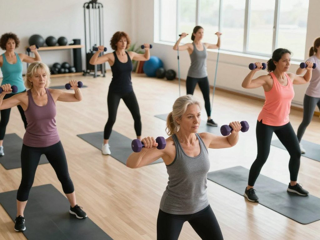 A focused workout scene demonstrating the effectiveness of strength training for women experiencing menopause. In the foreground, a diverse group of women, aged 40-60, dressed in modest, comfortable gym attire, are engaged in various strength training exercises with dumbbells and resistance bands. The middle ground features exercise equipment like weights and yoga mats. In the background, a bright, airy gym space with large windows allowing natural light to flood in, creating an uplifting atmosphere. The lighting is soft yet vibrant, highlighting the determination on the participants' faces. The angle is slightly elevated, capturing both the dynamic movement of the women and the supportive environment around them, conveying a sense of empowerment and community.