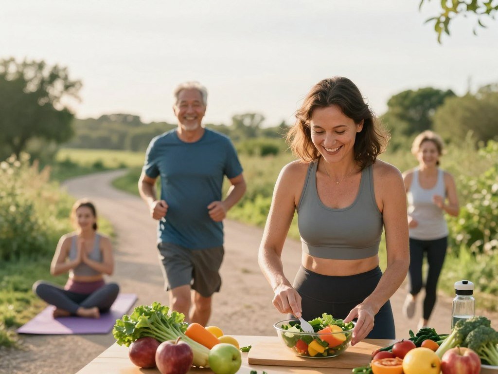 A group of diverse men and women in their 40s to 60s engaging in various sustainable lifestyle activities that promote weight loss and health. In the foreground, a woman with medium-length hair in professional athletic wear is joyfully preparing a healthy meal, surrounded by fresh fruits and vegetables. In the middle ground, an older man jogs on a scenic trail with a pleasant expression, while another person practices yoga on a mat under soft morning light. In the background, lush greenery and a bright sky evoke a sense of tranquility and vitality. The lighting is warm and inviting, giving a hopeful atmosphere that emphasizes the connection between healthy lifestyle choices and long-term wellness. The scene captures an encouraging and motivating spirit of transformation through sustainable habits.