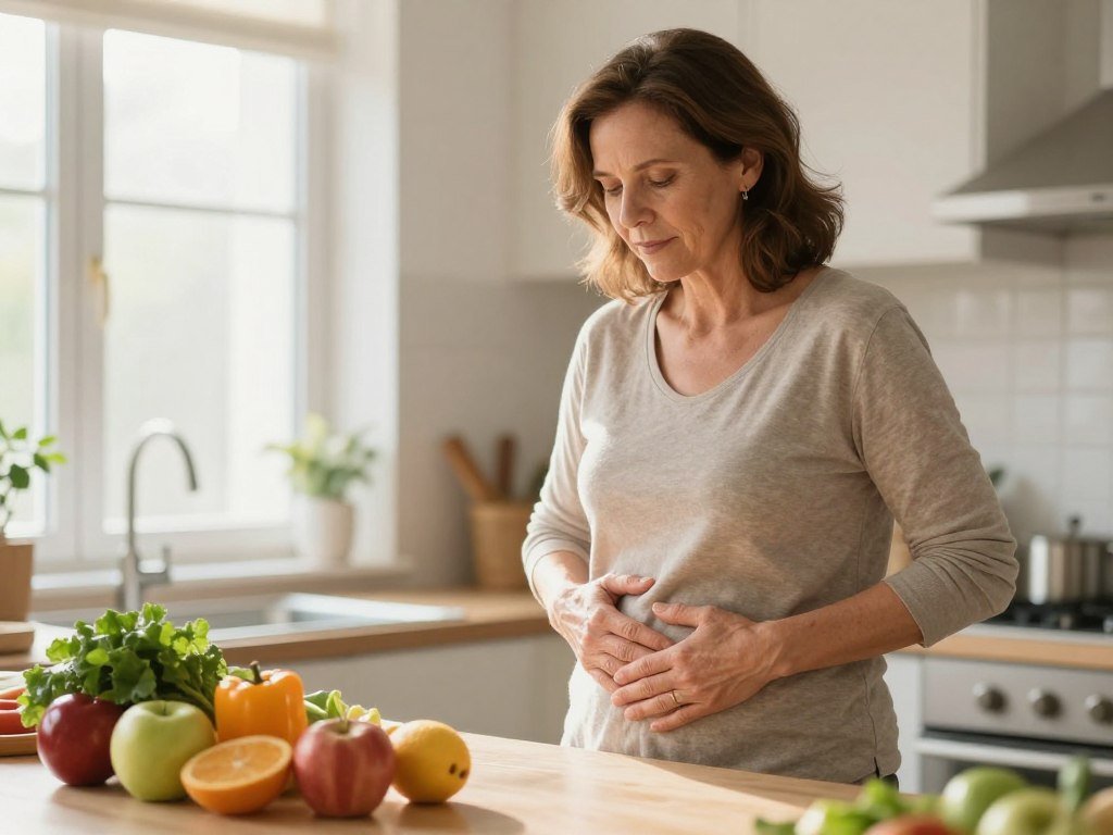 A middle-aged woman in a modest, casual outfit stands in a softly lit kitchen, gently resting her hand on her abdomen, signifying the experience of menopause-related weight changes. She has a thoughtful expression, embodying a sense of calm and acceptance. In the foreground, healthy foods like fruits and vegetables are neatly arranged on a countertop, symbolizing sustainable dietary choices. The color palette is warm and inviting, with natural light streaming through a window in the background, casting a soft glow. The overall mood is one of empowerment and realism, highlighting the journey to set achievable expectations for weight management during menopause. The image should be professional and suitable for an article, ensuring a reassuring atmosphere. A middle-aged woman in a modest, casual outfit stands in a softly lit kitchen, gently resting her hand on her abdomen, signifying the experience of menopause-related weight changes. She has a thoughtful expression, embodying a sense of calm and acceptance. In the foreground, healthy foods like fruits and vegetables are neatly arranged on a countertop, symbolizing sustainable dietary choices. The color palette is warm and inviting, with natural light streaming through a window in the background, casting a soft glow. The overall mood is one of empowerment and realism, highlighting the journey to set achievable expectations for weight management during menopause. The image should be professional and suitable for an article, ensuring a reassuring atmosphere.