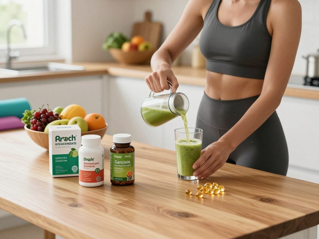 A modern kitchen setting filled with natural light, showcasing an elegant wooden table adorned with various weight loss supplements in attractive packaging, including bottles of green tea extract, Garcinia Cambogia, and omega-3 capsules. In the foreground, a fit, healthy individual dressed in a smart casual outfit is pouring a smoothie into a glass, emphasizing the integration of supplements into a balanced diet. Behind them, a bowl of fresh fruits and vegetables adds to the healthy atmosphere, while a colorful yoga mat peeks from a corner, hinting at an active lifestyle. The scene is bright and inviting, highlighting a positive mood. The image should be captured from a slight angle to enhance depth, with soft focus in the background to keep the subject in sharp clarity. A modern kitchen setting filled with natural light, showcasing an elegant wooden table adorned with various weight loss supplements in attractive packaging, including bottles of green tea extract, Garcinia Cambogia, and omega-3 capsules. In the foreground, a fit, healthy individual dressed in a smart casual outfit is pouring a smoothie into a glass, emphasizing the integration of supplements into a balanced diet. Behind them, a bowl of fresh fruits and vegetables adds to the healthy atmosphere, while a colorful yoga mat peeks from a corner, hinting at an active lifestyle. The scene is bright and inviting, highlighting a positive mood. The image should be captured from a slight angle to enhance depth, with soft focus in the background to keep the subject in sharp clarity.