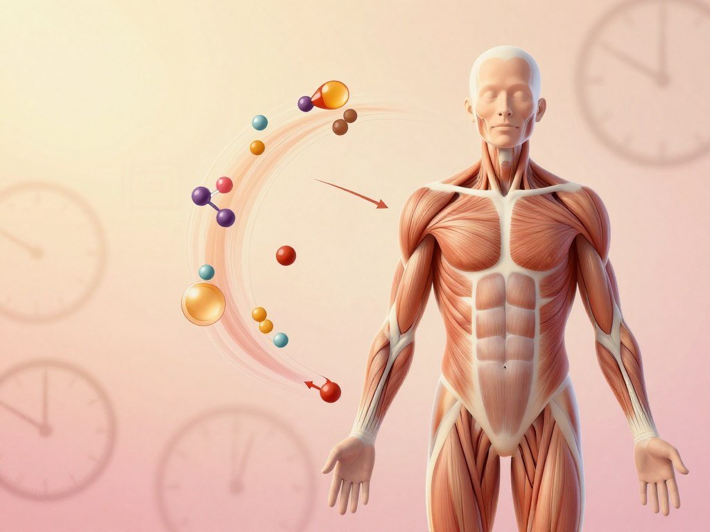 A scientific illustration depicting the concept of metabolism after menopause, focusing on muscle mass loss. In the foreground, a diagram of a muscular human silhouette, showing the muscles in a lighter color to illustrate the loss of muscle mass, with arrows indicating a decrease in metabolic rate. In the middle ground, include representations of metabolic processes, like glucose and fat molecules, depicted in a dynamic flow around the silhouette. The background should feature a soft gradient of warm colors, suggesting a transition, accompanied by subtle visuals of clocks or timelines to signify aging. Utilize soft, diffused lighting to create an informative yet calming atmosphere. Capture the scene with a slight focus on the metabolic processes while keeping the silhouette clear and defined, creating a sense of clarity and emphasis on the theme.