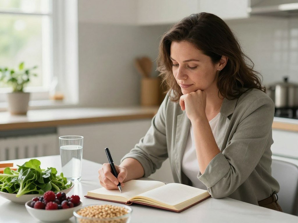 A serene and balanced scene depicting a woman in professional casual attire, sitting at a kitchen table, thoughtfully journaling while surrounded by healthy foods such as leafy greens, berries, and whole grains. In the foreground, she holds a pen poised above an open notebook, highlighting her commitment to managing PCOS and weight loss. The middle ground includes a small potted plant and a glass of water, symbolizing hydration. The background features softened natural light filtering through a window, creating an inviting atmosphere that suggests a journey toward health and wellness. The mood is optimistic and encouraging, portraying the importance of self-care and mindful eating in relation to hormonal imbalances and metabolism. Lens focus on the woman’s thoughtful expression.