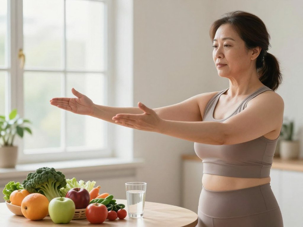 A serene and focused woman in her 40s, dressed in a modest athletic outfit, standing in a bright, airy room. In the foreground, she is actively engaged in a mindful exercise like yoga or stretching, symbolizing resilience in her weight loss journey. In the middle ground, a variety of healthy foods, such as fresh fruits, vegetables, and a glass of water, are beautifully arranged on a table, emphasizing nutrition. The background features soft, natural light streaming through large windows, creating a calm atmosphere. Subtle hints of greenery, such as potted plants, add a refreshing touch. The overall mood conveys determination, empowerment, and a positive mindset, reflecting the challenges and triumphs of managing weight loss and mental well-being during menopause.
