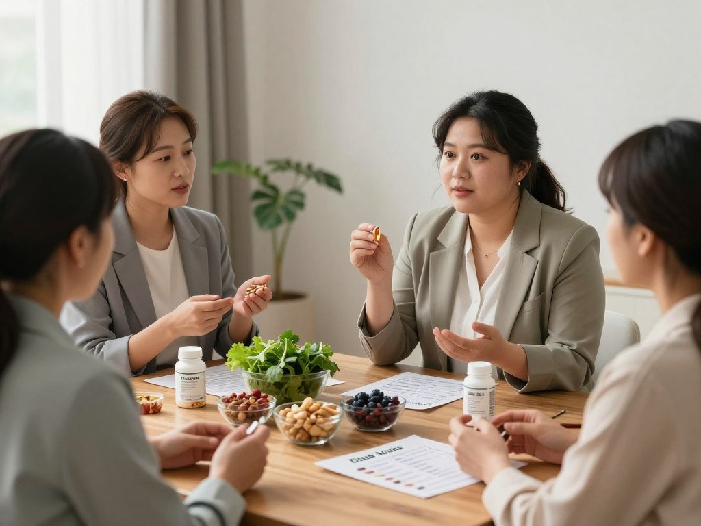 A serene and informative scene depicting effective weight loss methods for women with PCOS. In the foreground, a diverse group of three women in professional business attire engage in a discussion, each holding different supplements, such as vitamins and herbal remedies. In the middle ground, a wooden table displays an organized layout of healthy foods like leafy greens, nuts, and berries, alongside a visually appealing diet plan chart. The background features a calm, well-lit room with soft natural light filtering through sheer curtains, creating a warm and inviting atmosphere. The lens captures a soft focus on the women, drawing attention to their engaged expressions, while the overall mood conveys empowerment and hope in managing PCOS and weight loss.