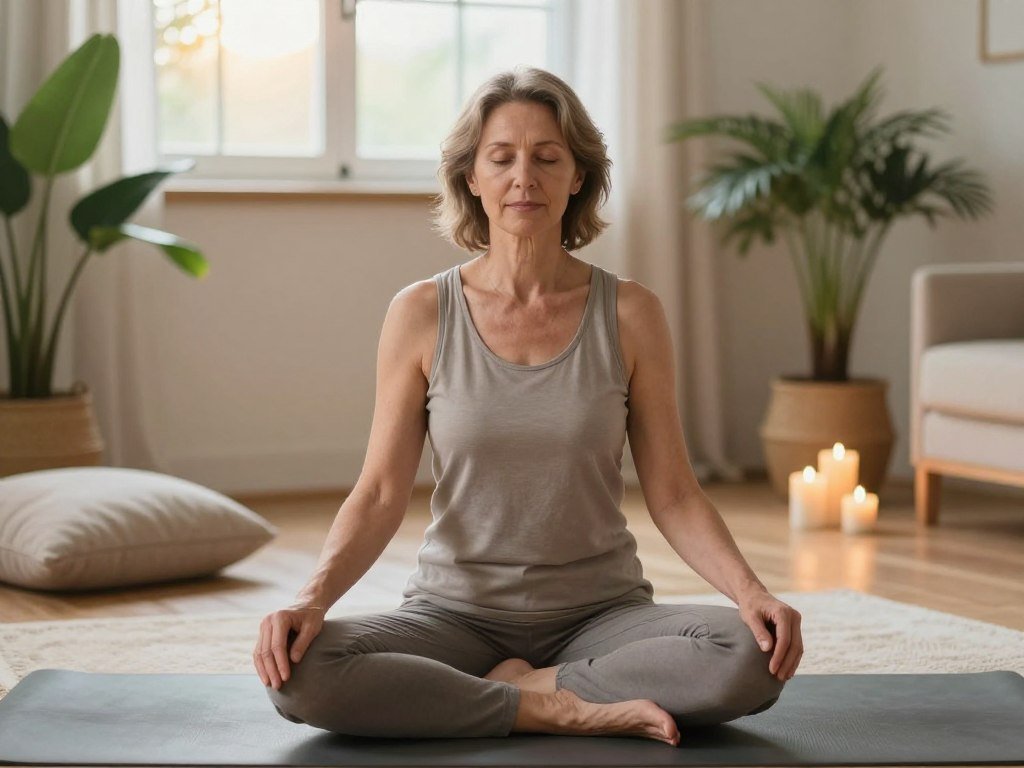 A serene and inviting indoor scene, showcasing a middle-aged woman in modest casual attire, participating in a calming yoga practice aimed at stress relief during menopause. In the foreground, she is in a tranquil yoga pose, with a peaceful expression, surrounded by subtle elements like green plants and soft cushions. The middle ground features a soft rug and gently lit candles creating a warm and welcoming atmosphere. In the background, a window allows soft, natural light to filter in, with hints of sunlight breaking through, illuminating the space. The overall mood is one of tranquility and well-being, emphasizing relaxation and control over stress to manage menopause-related weight changes. The image evokes a sense of calm and empowerment. A serene and inviting indoor scene, showcasing a middle-aged woman in modest casual attire, participating in a calming yoga practice aimed at stress relief during menopause. In the foreground, she is in a tranquil yoga pose, with a peaceful expression, surrounded by subtle elements like green plants and soft cushions. The middle ground features a soft rug and gently lit candles creating a warm and welcoming atmosphere. In the background, a window allows soft, natural light to filter in, with hints of sunlight breaking through, illuminating the space. The overall mood is one of tranquility and well-being, emphasizing relaxation and control over stress to manage menopause-related weight changes. The image evokes a sense of calm and empowerment.