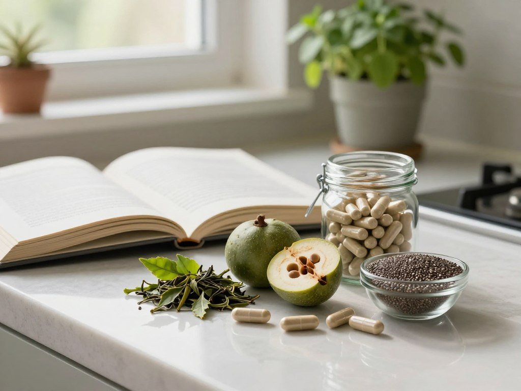 A serene and inviting kitchen countertop showcasing a collection of natural weight loss supplements. In the foreground, prominently display vibrant, organic ingredients such as green tea leaves, Garcinia Cambogia fruit, and a small bowl of chia seeds. A glass jar filled with smooth capsules can be seen beside them. The middle ground features a partially opened recipe book, emphasizing a holistic approach to health and wellness. Soft, natural lighting filters through a nearby window, creating a warm atmosphere. In the background, a potted herb plant gently adds to the natural theme, enhancing the image's tranquility. Capture this scene with a slightly elevated angle to provide depth while maintaining focus on the supplements, invoking a sense of health, vitality, and nature. A serene and inviting kitchen countertop showcasing a collection of natural weight loss supplements. In the foreground, prominently display vibrant, organic ingredients such as green tea leaves, Garcinia Cambogia fruit, and a small bowl of chia seeds. A glass jar filled with smooth capsules can be seen beside them. The middle ground features a partially opened recipe book, emphasizing a holistic approach to health and wellness. Soft, natural lighting filters through a nearby window, creating a warm atmosphere. In the background, a potted herb plant gently adds to the natural theme, enhancing the image's tranquility. Capture this scene with a slightly elevated angle to provide depth while maintaining focus on the supplements, invoking a sense of health, vitality, and nature.