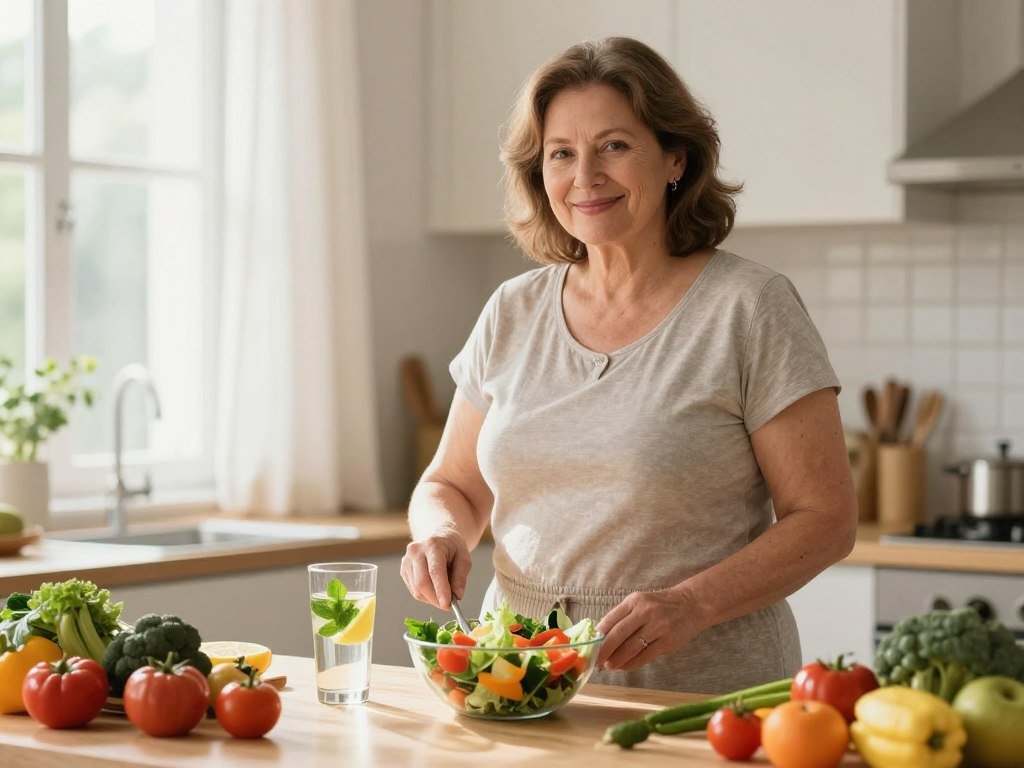 A serene and motivating scene depicting a middle-aged woman in a modest, casual outfit standing confidently in a bright, airy kitchen. She is smiling as she prepares a healthy meal, fresh vegetables and fruits spread around her. In the foreground, a vibrant salad bowl catches the light, symbolizing healthy choices. The middle of the image features a glass of water infused with mint and lemon, emphasizing hydration over alcohol. The background shows a sunlit window with sheer curtains, creating a warm and inviting atmosphere that conveys positivity. Soft, natural lighting highlights the woman's figure, while a sense of empowerment and balance radiates from the scene, illustrating the journey of belly fat reduction during menopause without the need for extreme dieting. A serene and motivating scene depicting a middle-aged woman in a modest, casual outfit standing confidently in a bright, airy kitchen. She is smiling as she prepares a healthy meal, fresh vegetables and fruits spread around her. In the foreground, a vibrant salad bowl catches the light, symbolizing healthy choices. The middle of the image features a glass of water infused with mint and lemon, emphasizing hydration over alcohol. The background shows a sunlit window with sheer curtains, creating a warm and inviting atmosphere that conveys positivity. Soft, natural lighting highlights the woman's figure, while a sense of empowerment and balance radiates from the scene, illustrating the journey of belly fat reduction during menopause without the need for extreme dieting.