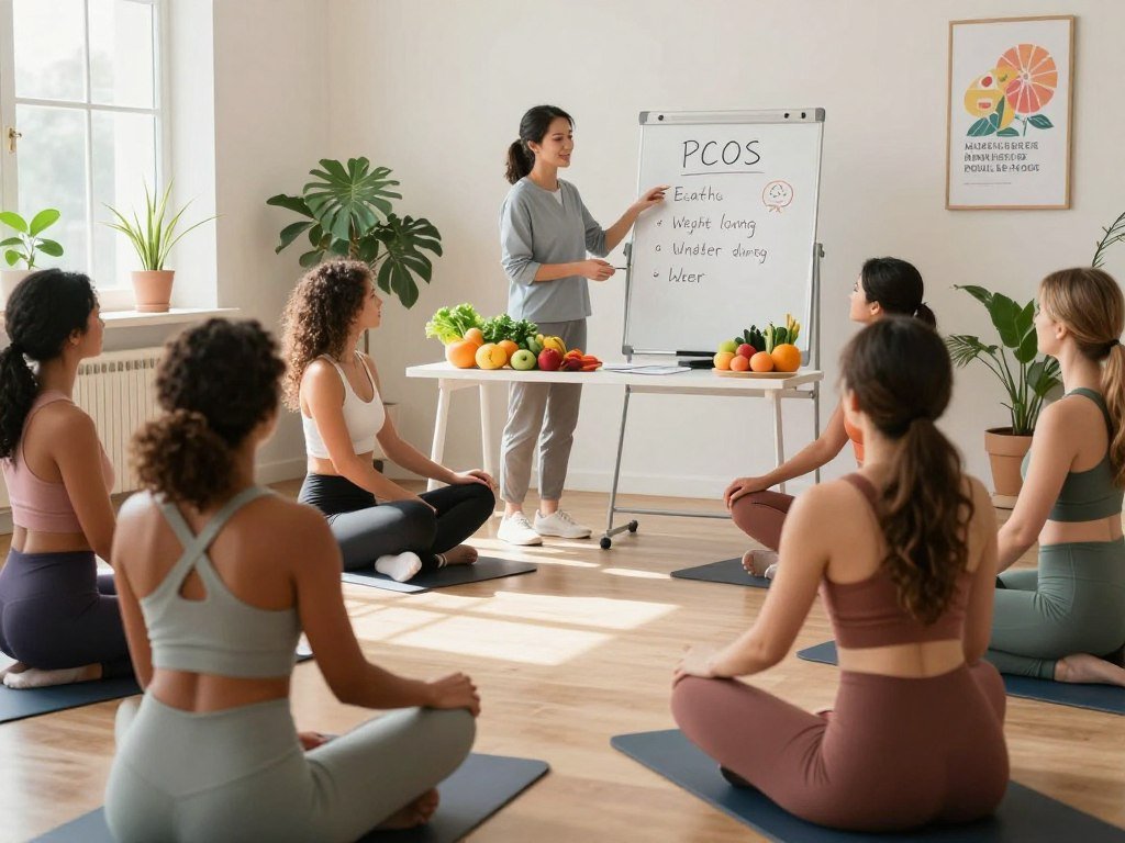 A serene and uplifting wellness scene illustrating the connection between PCOS and weight loss. In the foreground, a diverse group of women, dressed in modest, colorful activewear, are engaged in a supportive group workout session, showcasing a sense of community and empowerment. In the middle ground, a nutritionist uses a whiteboard to explain healthy eating strategies, surrounded by vibrant fruits and vegetables, emphasizing balanced diets. The background includes soft, natural lighting filtering through large windows, creating a warm atmosphere filled with plants and motivational posters. The image should evoke a sense of hope and determination while maintaining professionalism and positivity, highlighting the journey of managing PCOS.